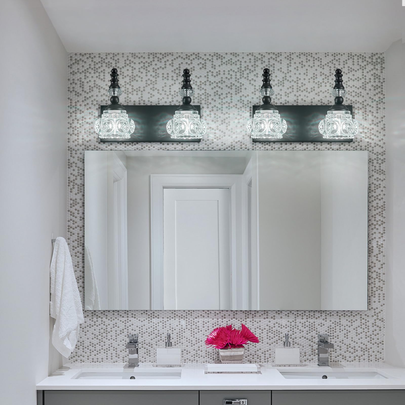 Lbsqj Modern Glass Crystal Bathroom Vanity Light Indoor Wall Lamp Black Vintage Wall Sconces 2-Lights Vanity Lighting Wall Mounted Sconce Wall Lighting