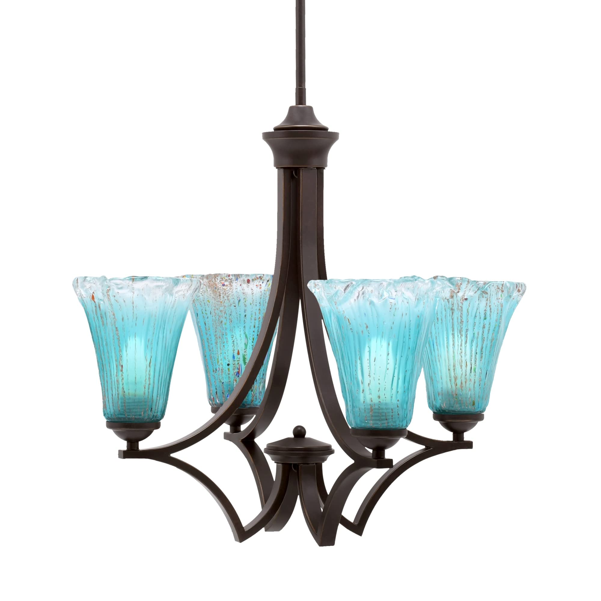 Zilo Uplight, 4 Light, Chandelier in Dark Granite Finish with 5.5&quot; Fluted Teal Crystal Glass