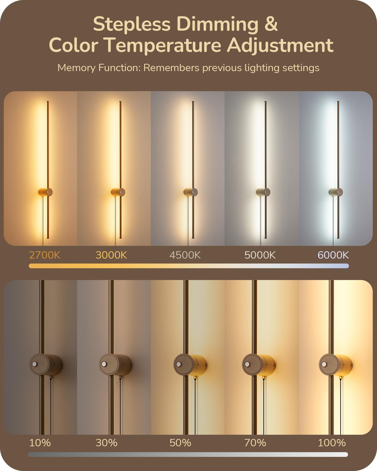 EDISHINE Dimmable Wall Sconces Set of Two, 39.4" Touch LED, Gold, 350° Rotation, Model EDISHINE-WS394-TR350
