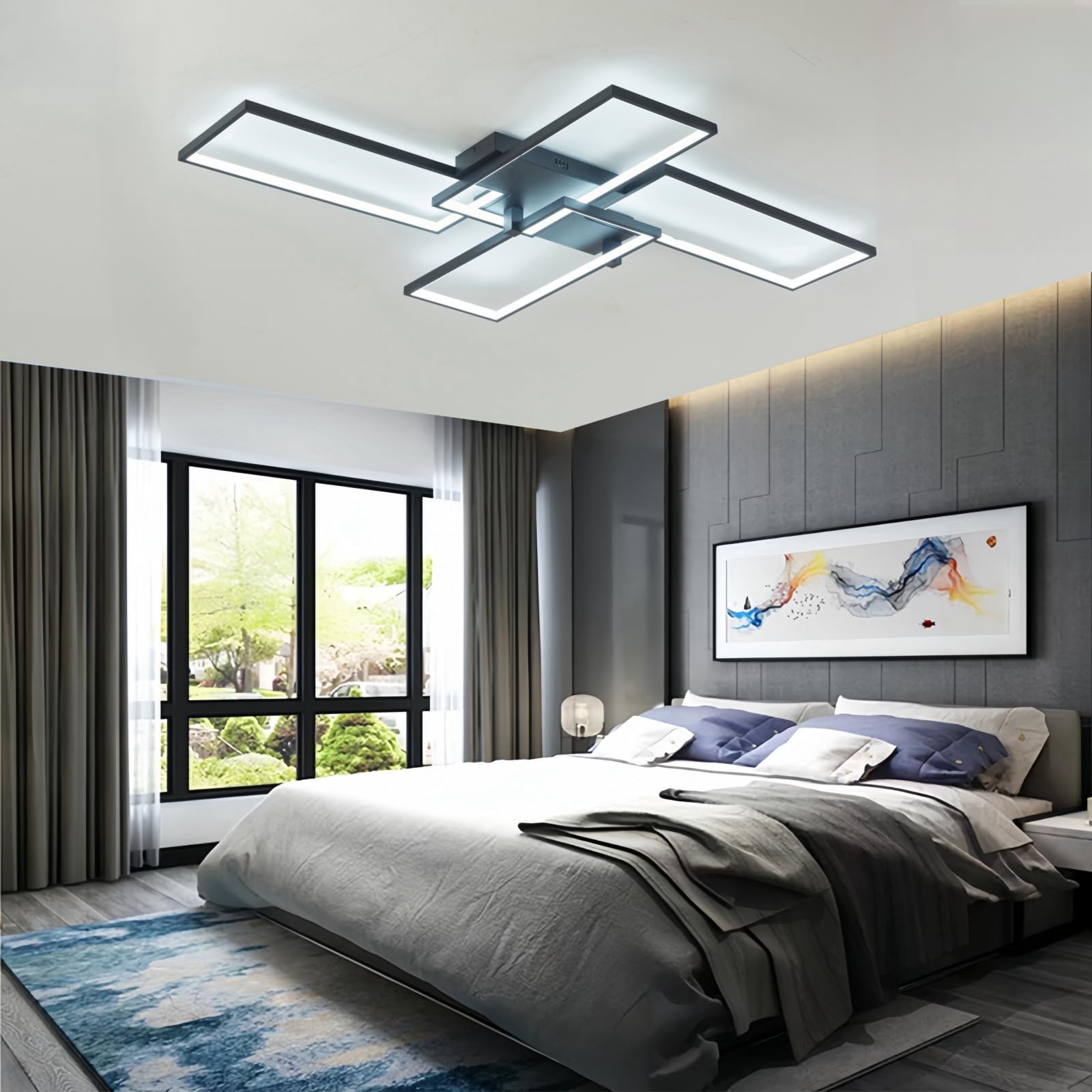 Fbfc 31'' Modern Led Ceiling Light Fixture 65W Dimmable With Remote Control Ceiling Lighting, Black Flush Mount Chandelier Ceili