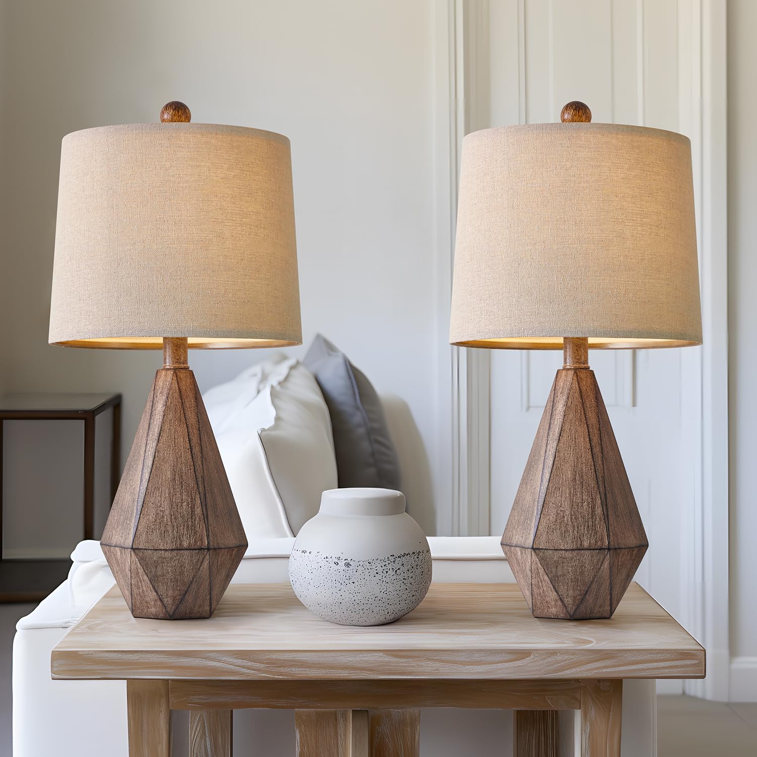 PoKat 20.25'' Retro Farmhouse Table Lamp Set of 2 - Living Room & Bedroom Rustic Linen Bedside Nightstand Lamps for Kids, Study,