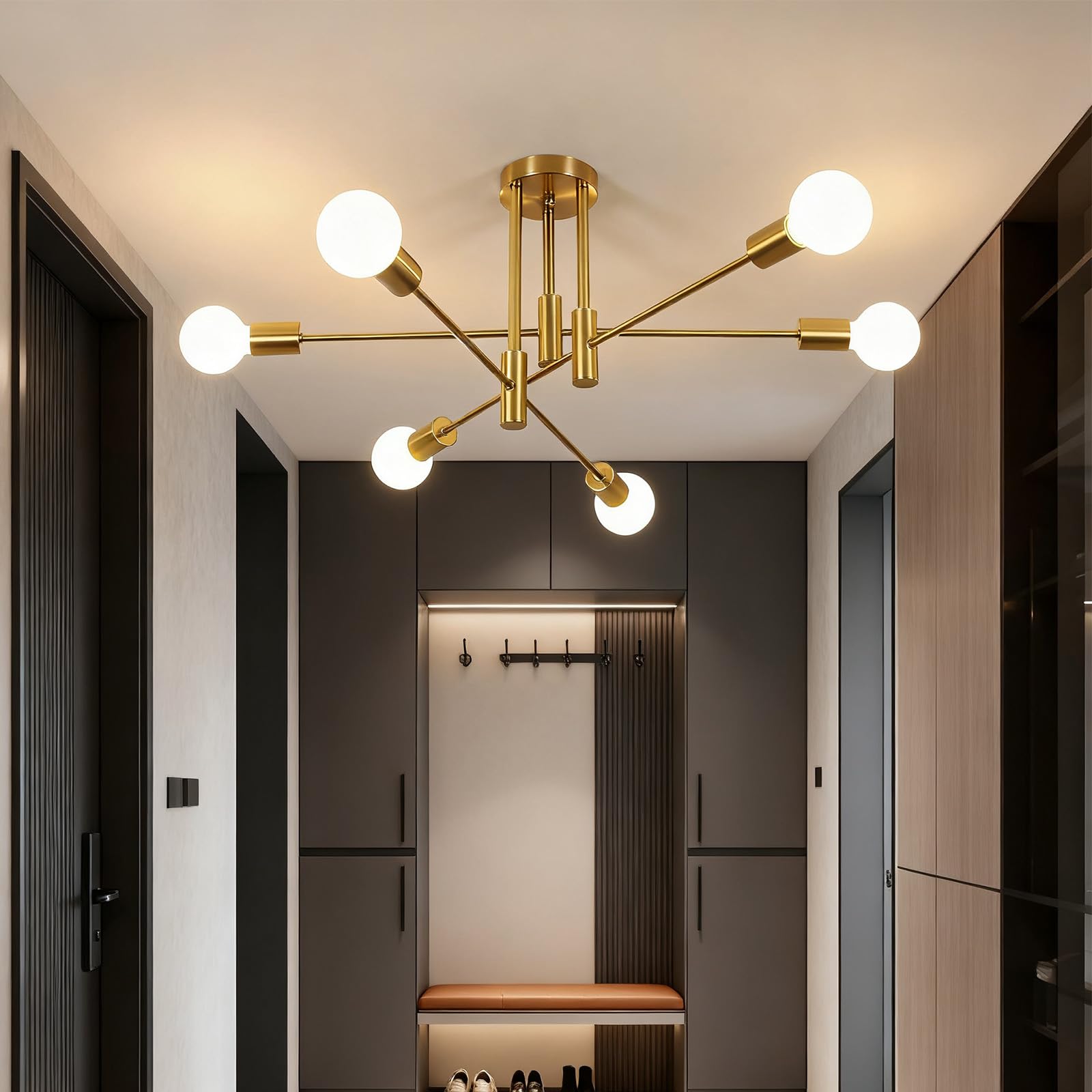 Tealight Gold Sputnik Ceiling Light Fixture  Industrial Lighting Fixture Semi Flush Mount Ceiling Chandelier For Bedroom  Living Room  Kitchen  Dining Room  Hallway (6-Lights Gold)