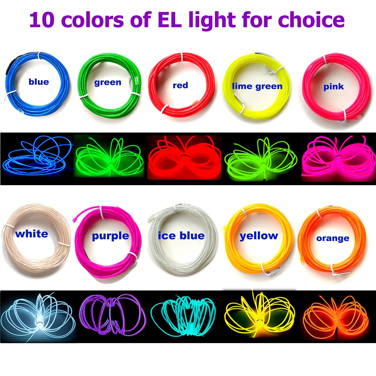 Maxlax El Wire Blue 10-Pack  16.4Ft/5M Neon Light Wire With Noise Reduction And Battery Pack