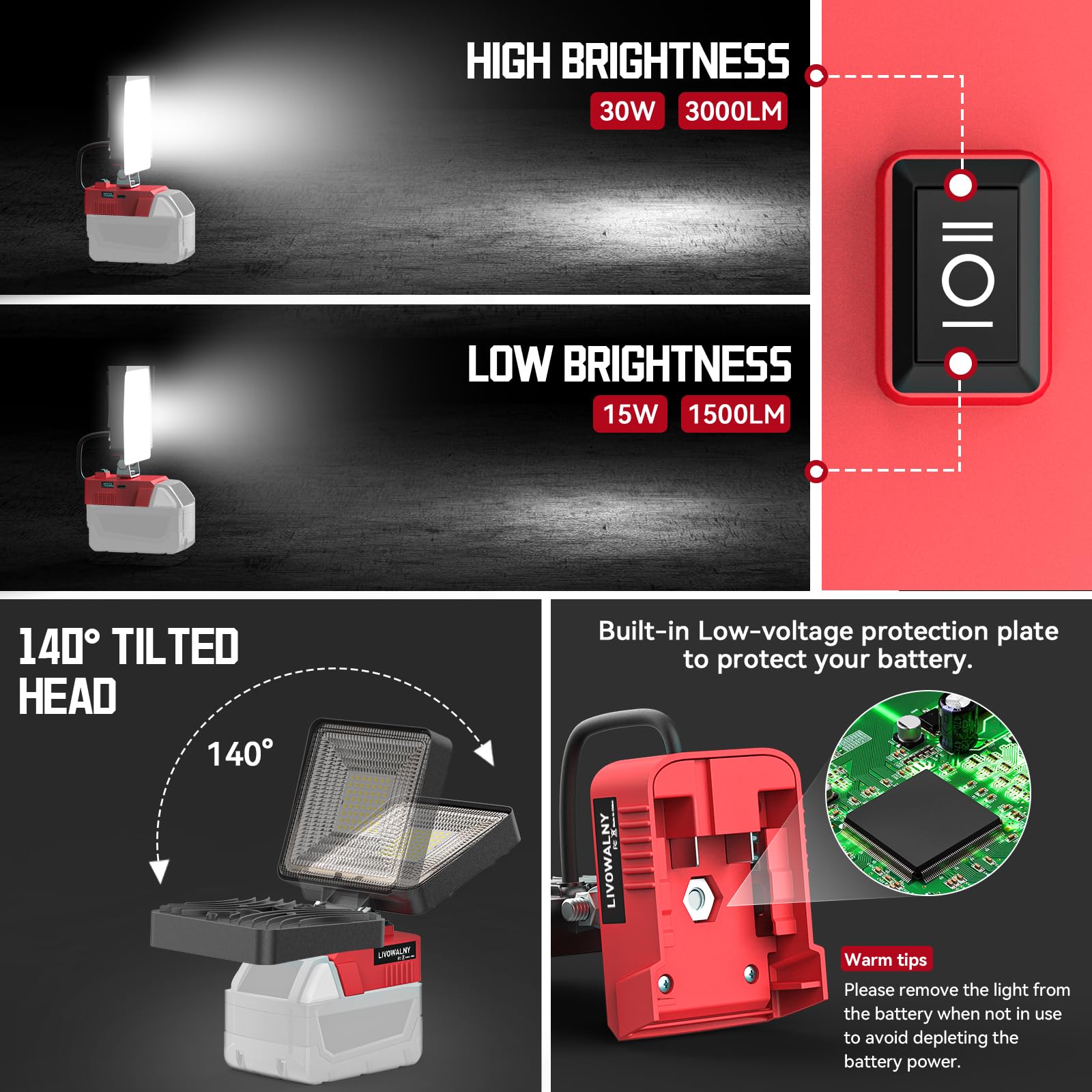 Livowalny 18V Work Light For Milwaukee 18V Battery, 30W 3000Lm Cordless Battery Light, Led Flood Light Flashlight Tools 140? Adj