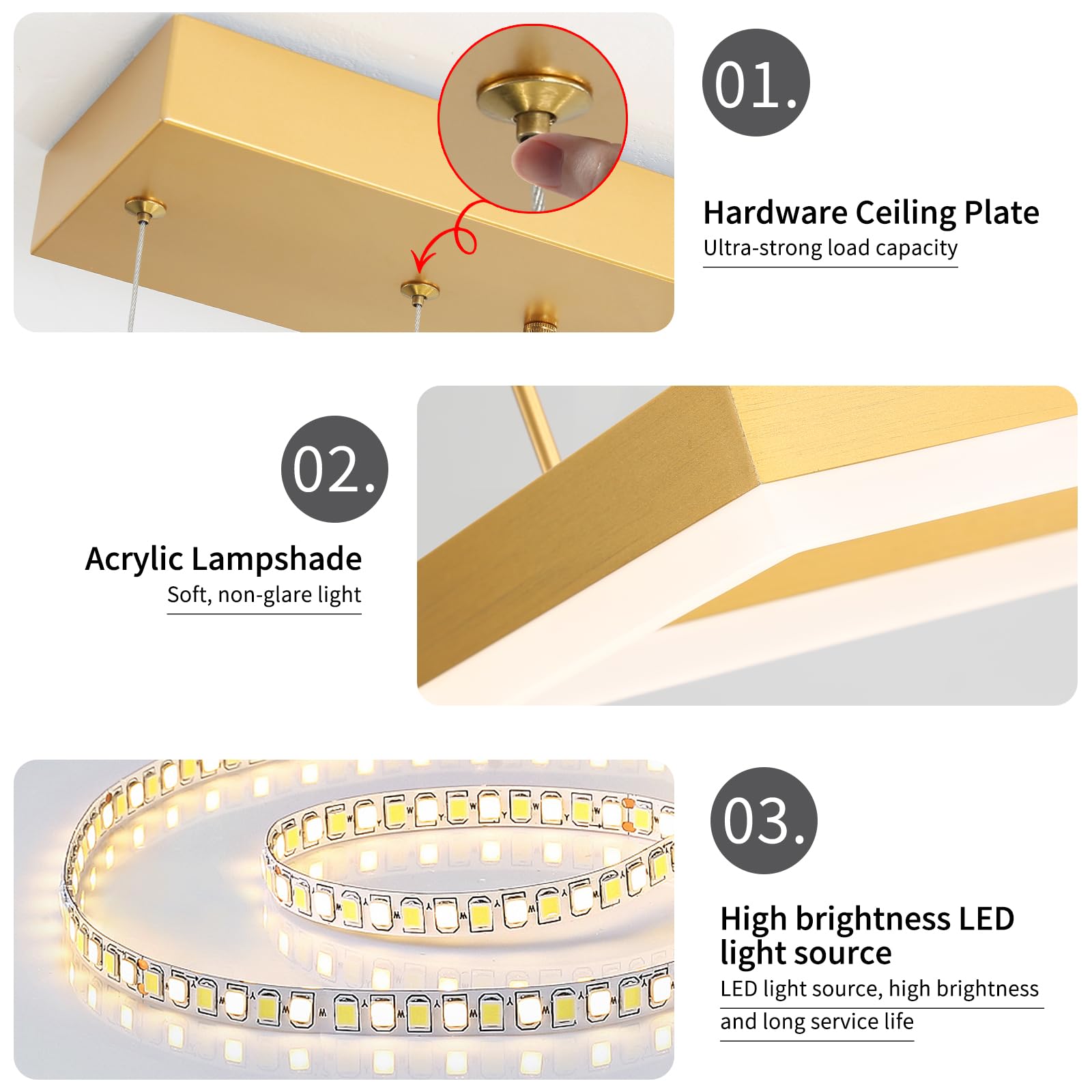 Matven Modern LED Pendant Light Fixture, 3-Ring Rectangular Chandelier, Remote Control Dimming, Adjustable Height, Gold, 15.7-31.4 inches