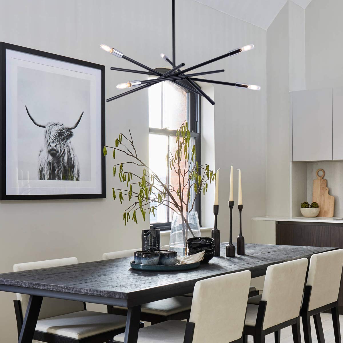VILUXY Modern Sputnik Chandelier 6 Lights Metal Black Ceiling Pendant 31.5 inches