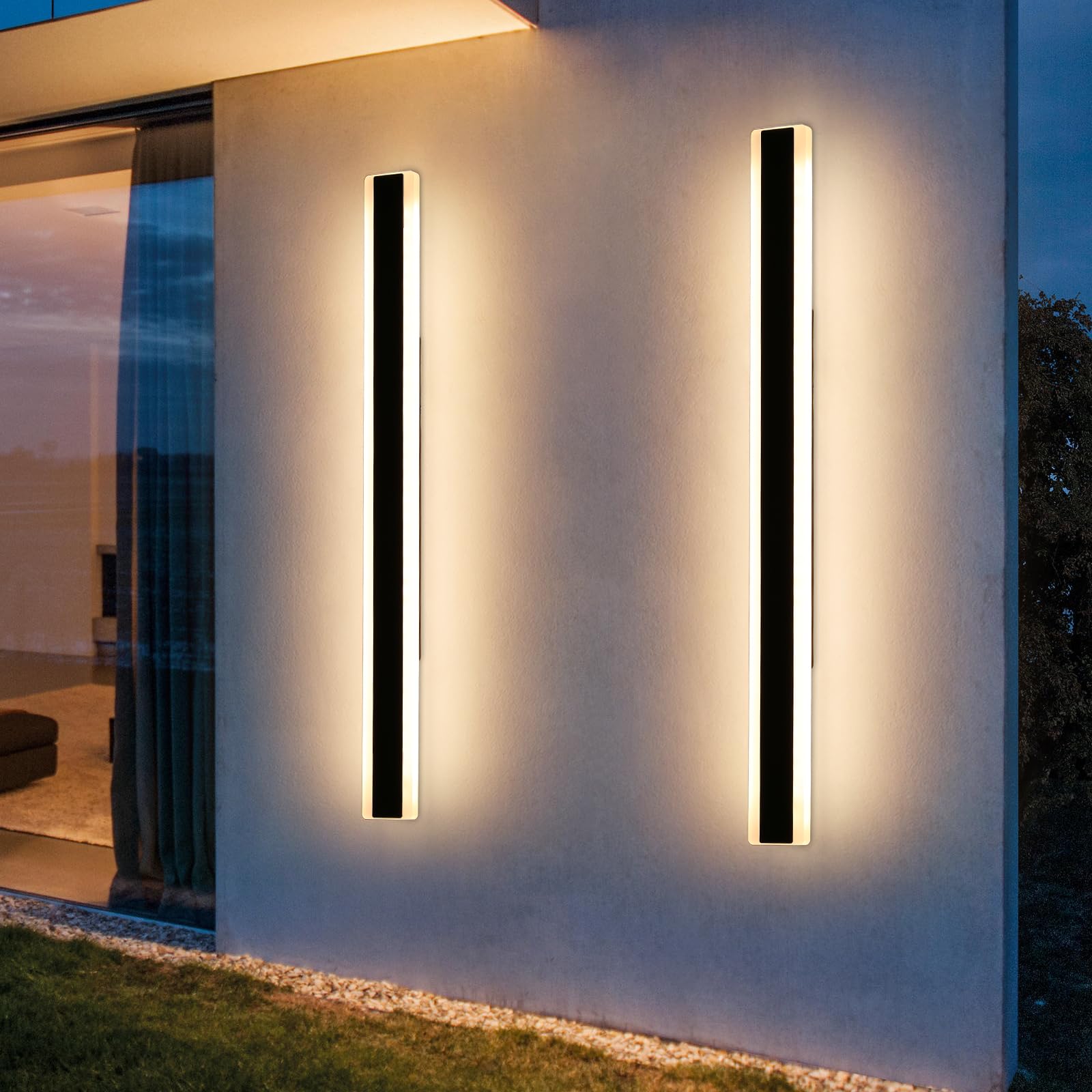 Daoseolo 2 Pack Exterior Wall Light Fixture, 59Inch Modern Outdoor Wall Sconce, Ip65 Waterproof, 3000K Warm White, 55W Black Minimalist Outside Led Strip Lights For Garage, Patio, Balcony, Fence
