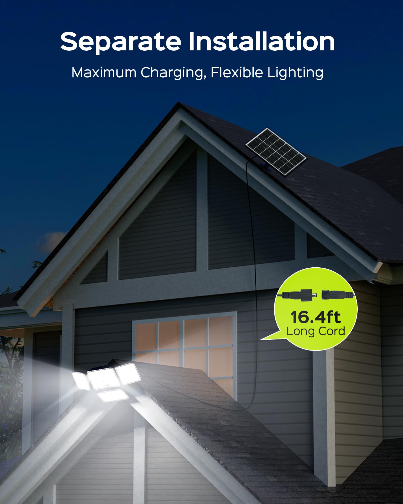 JACKYLED Solar Motion Lights 2500LM, 4000mAh Battery, IP65 Waterproof, 4-Head, Black, Model JX-BD007E (1 Pack)