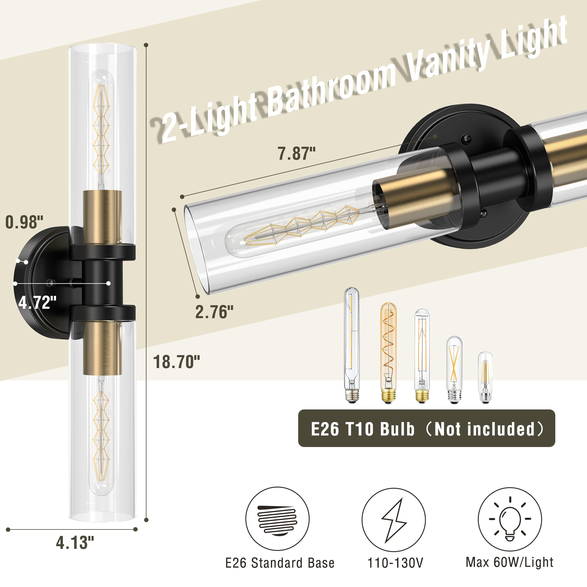 Espird Bathroom Light Fixtures 2-Light Black & Gold, Bathroom Vanity Lights Over Mirror, Wall Sconces, Industrial Bathroom Light