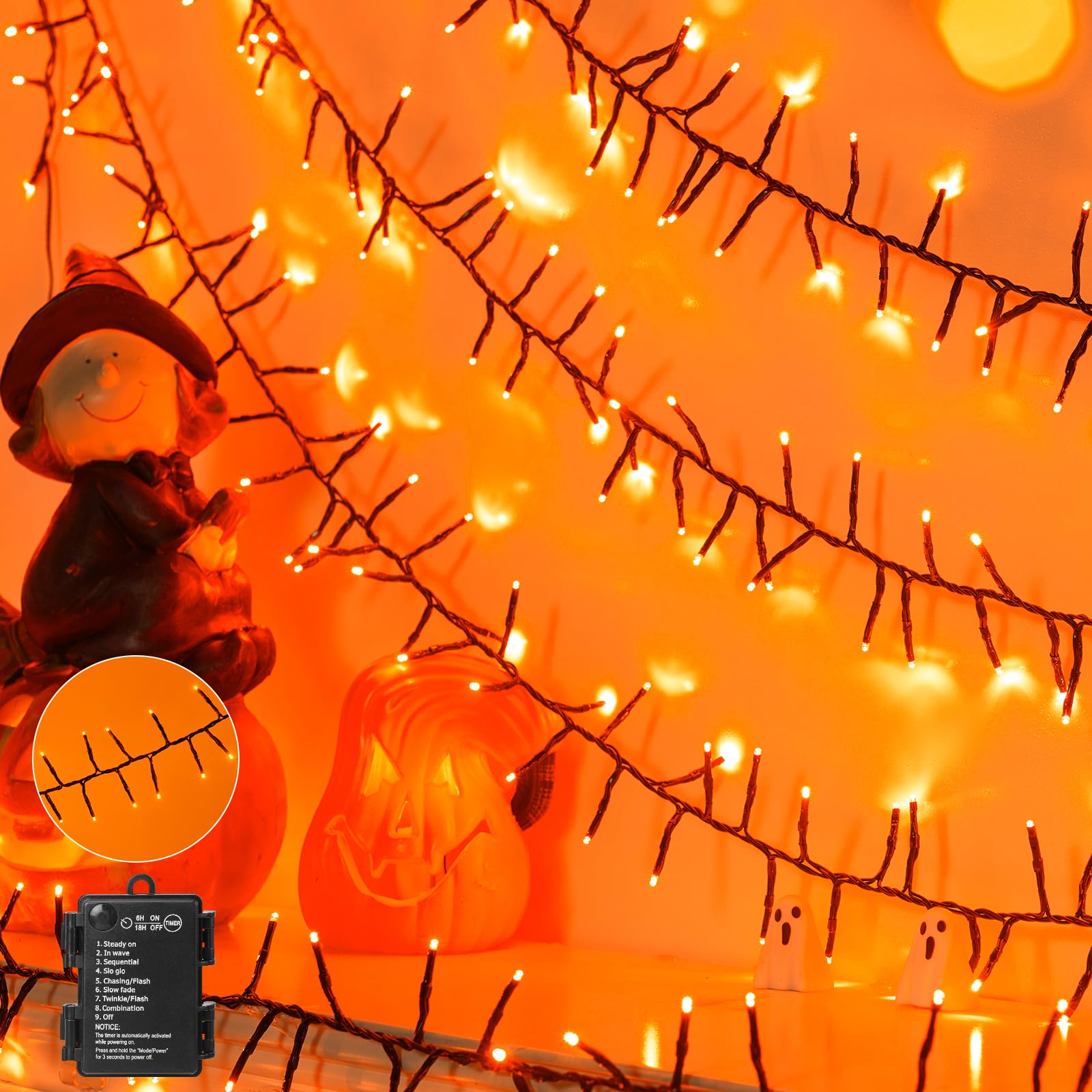 Brightown 10Ft 120 Led Halloween String Lights Battery Operated Outdoor  Orange Halloween Cluster Lights  8 Modes Timer Waterproof Twinkle Fairy String Lights For Indoor Halloween Decorations