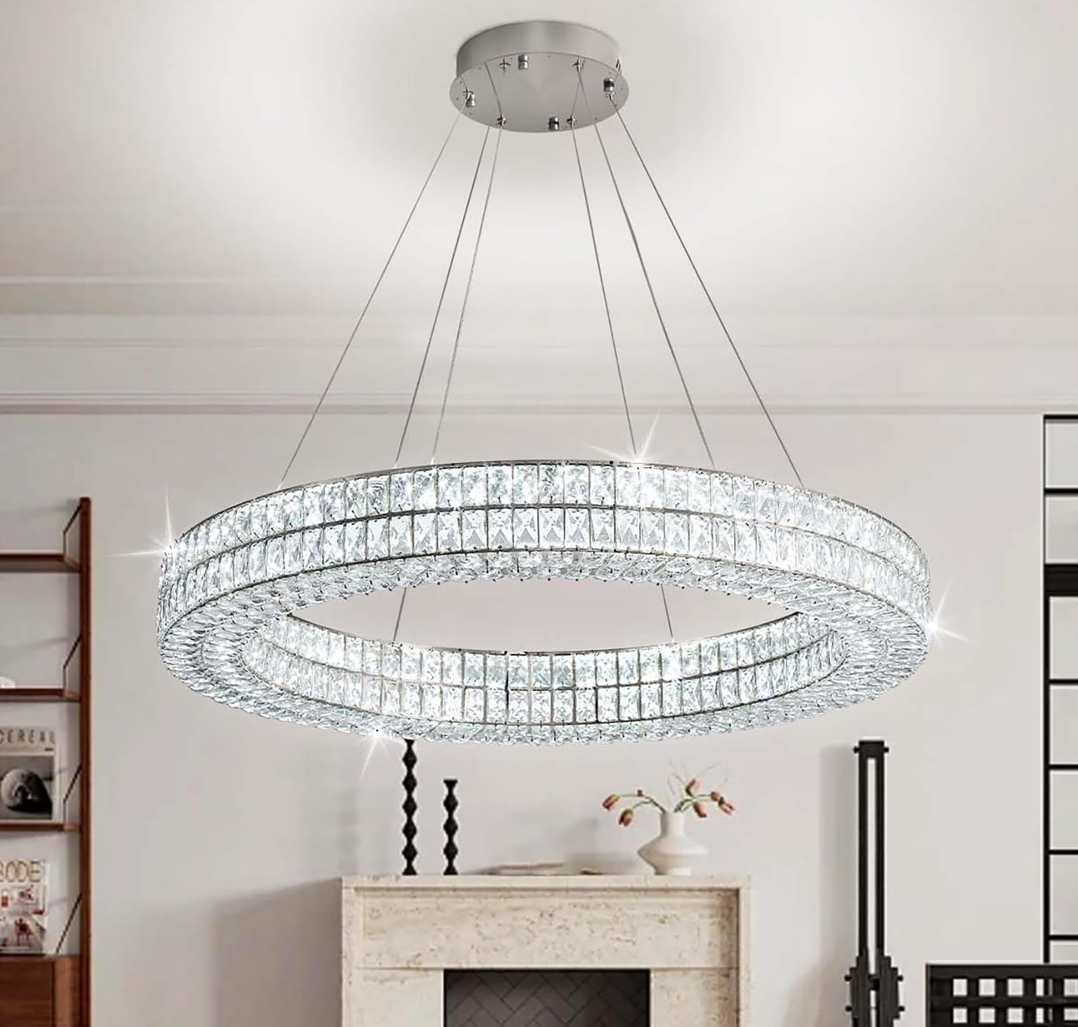 IDEQUY 47.5" Round Crystal Chandelier, Silver Stainless Steel & Acrylic, Dimmable LED Lighting, Model CF8024-120Y