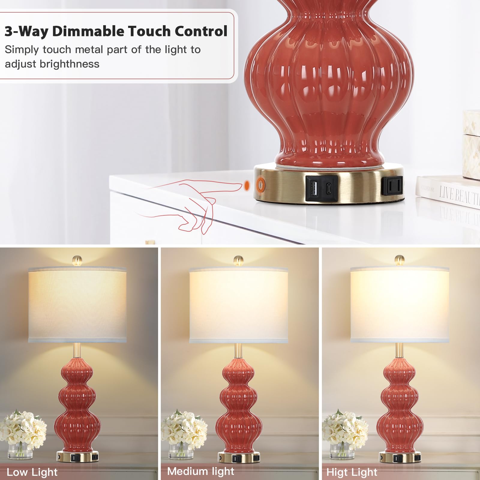 Rinweey Triple Gourd Ceramic Table Lamps Set of 2, Modern Orange with USB Ports & AC Outlet, 3 Way Touch Control for Bedroom Living Room