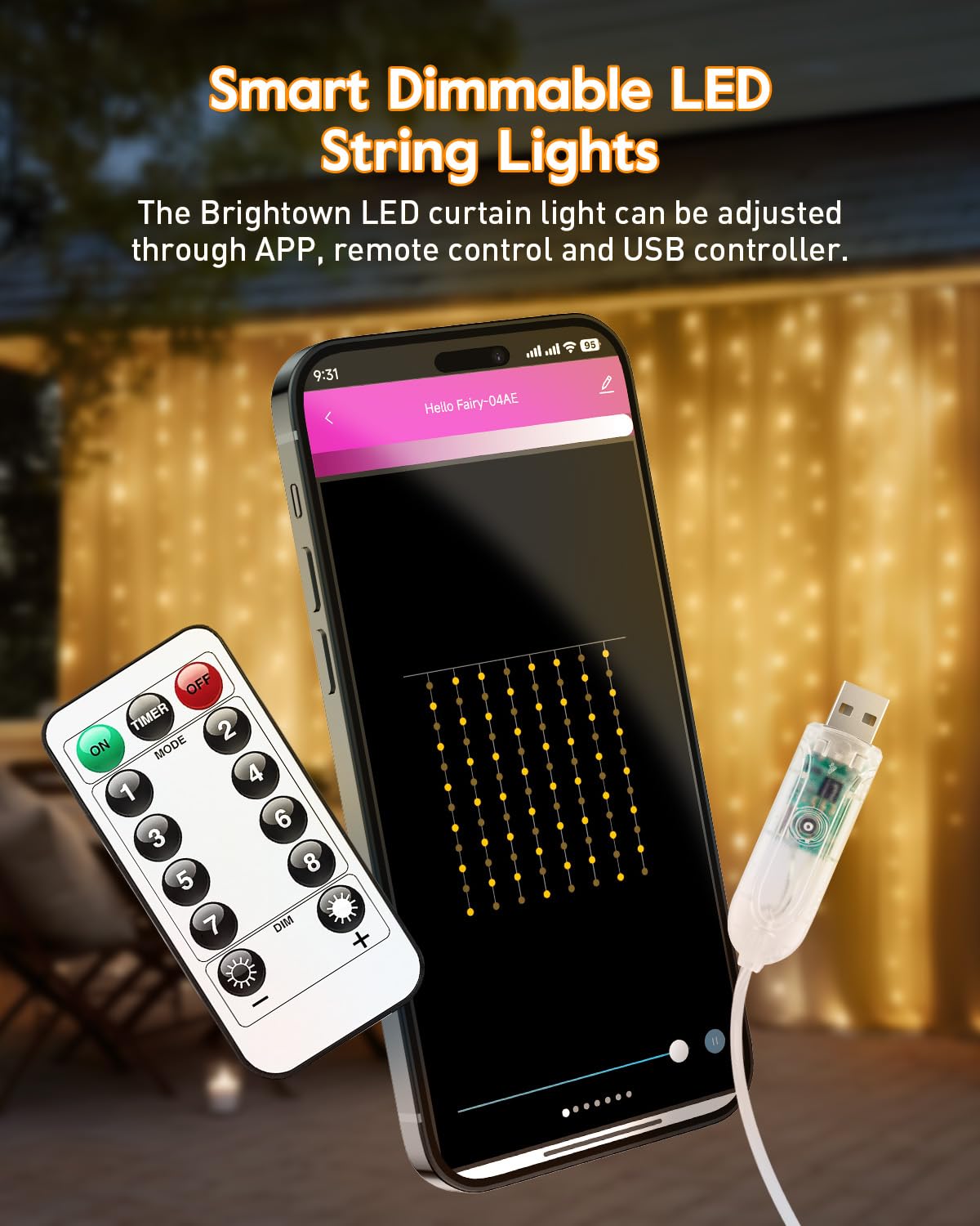 Brightown Smart Curtain Lights - 9.8ft 300 LED Warm White USB Fairy Lights with APP & Remote, Waterproof for Indoor & Outdoor Decor