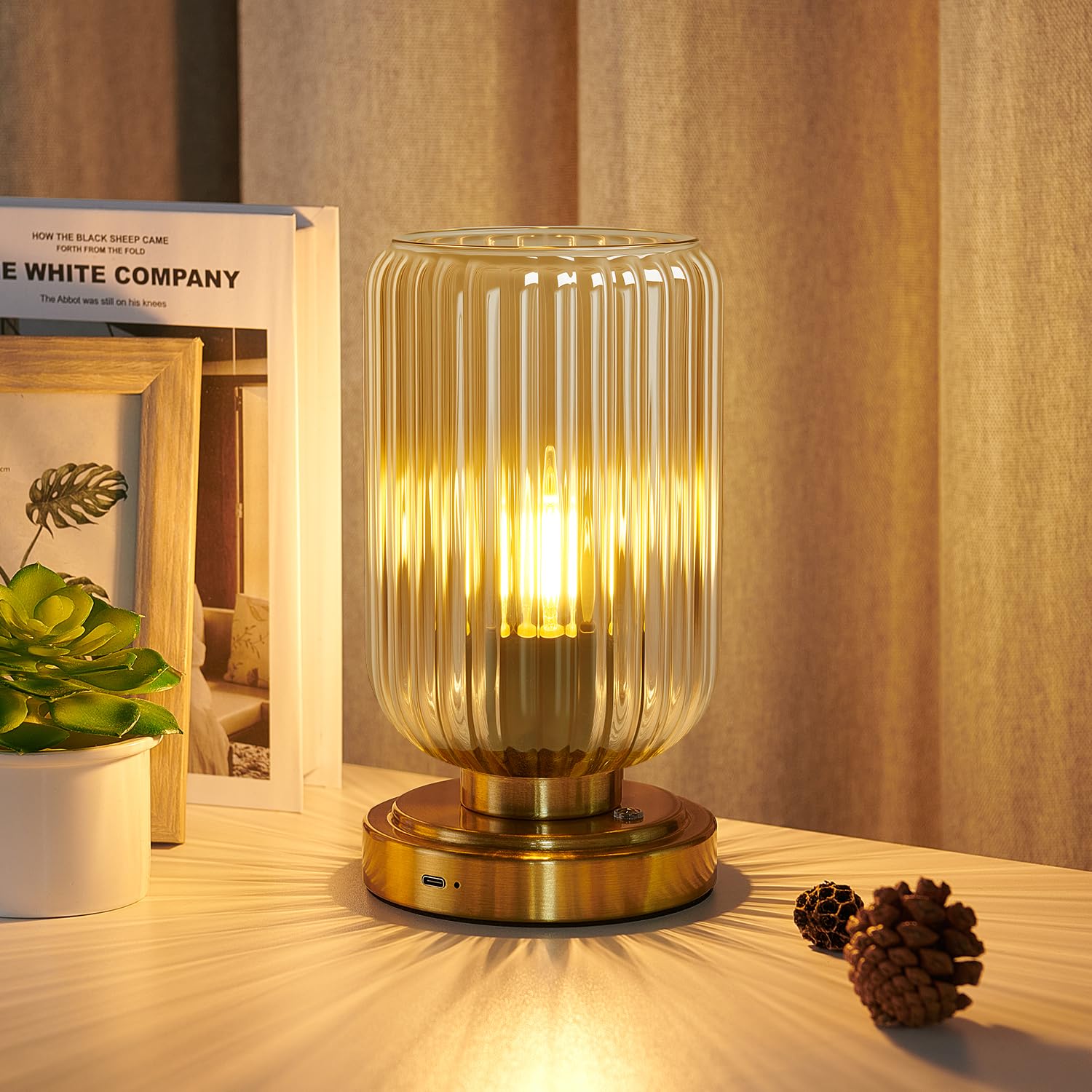 LightRound Table Lamp for Bedroom, Cordless Small Bedside Lamp, Touch Dimmable Rechargeable Lamp Battery Operated with Amber Gla
