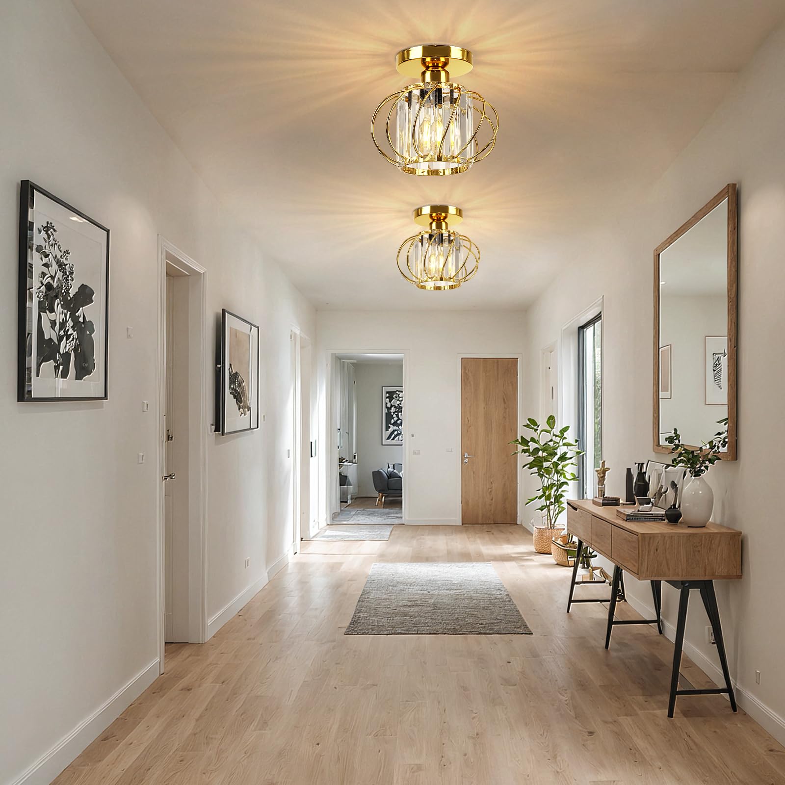 Frideko Home 2 Pack Crystal Ceiling Light Fixture - Modern Semi Flush Mount Ceiling Light Mini Crystal Chandelier Hallway Light