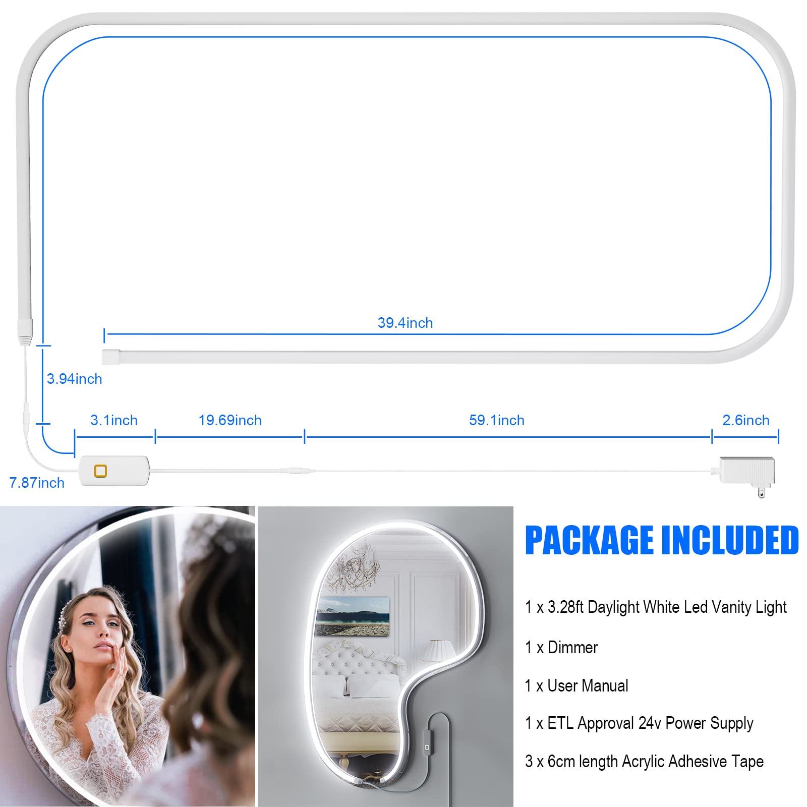 My Beauty Light Led Vanity Mirror Lights, 6000K Dimmable, 3.28Ft White Acrylic Strip, Model Sm-103