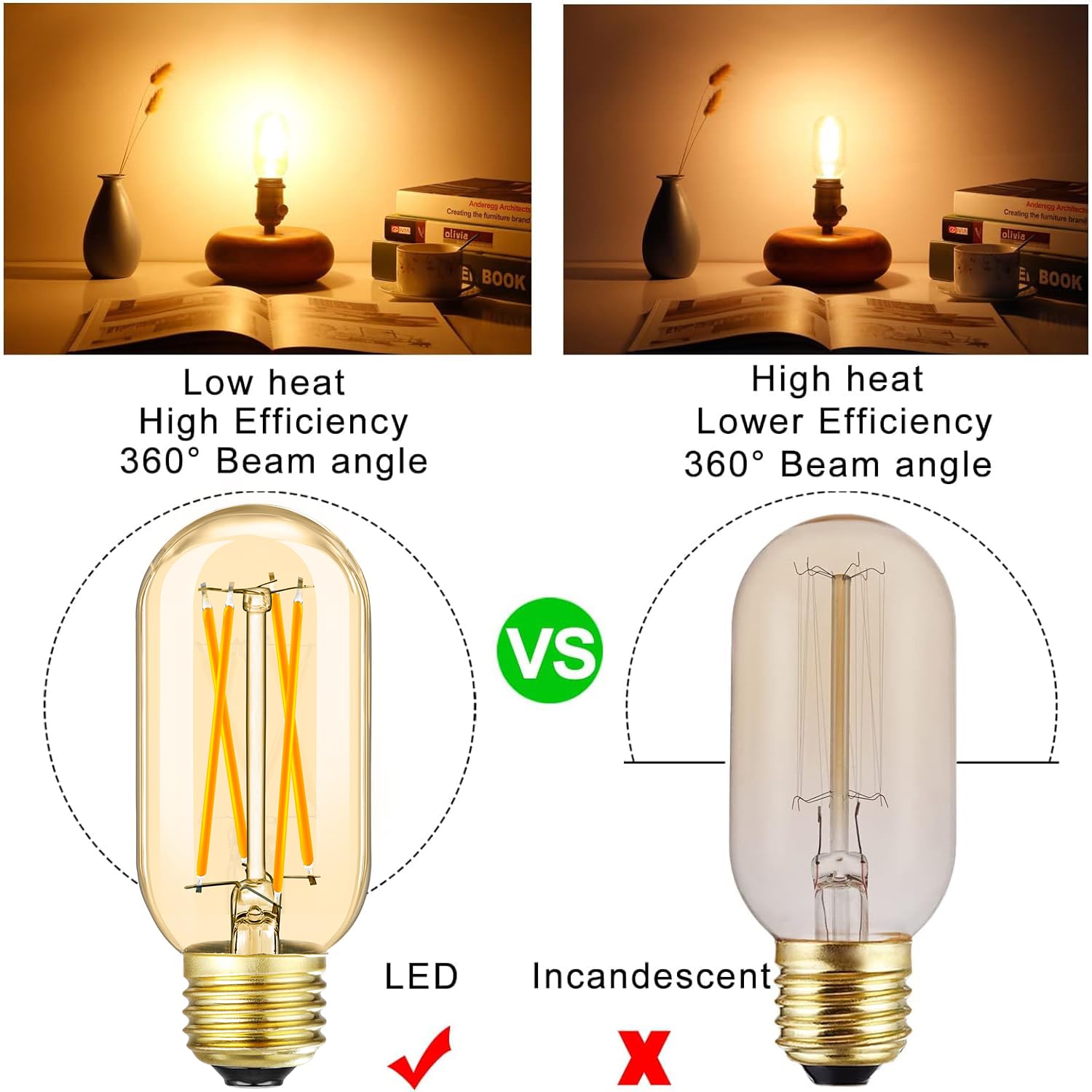 Leools E26 Led Bulb 6W Equivalent E26 Bulb 60 Watt Warm White 2700K Amber E26 Edison Bulb Dimmable Ac120V 600Lm Tubular T14 T45