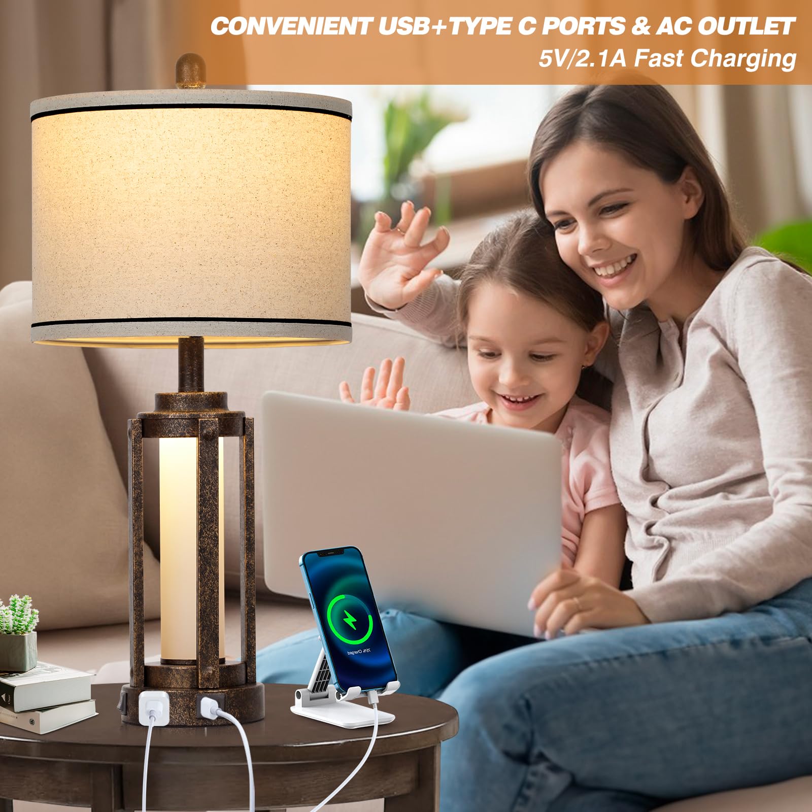 26" Farmhouse Table Lamps Set Of 2, Vintage Rustic Industrial Beside Lamps With Usb A+C Charging Ports & Ac Outlet, Nightstand Lamp With Glass Night Light & Linen Fabric Shade For Living Room Bedrooms
