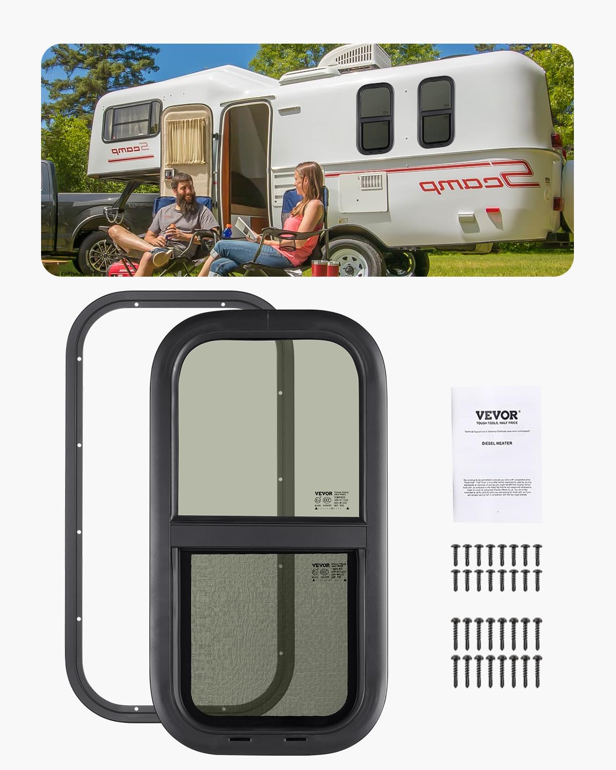 VEVOR Vertical RV Window, 12 W x 24 H Tinted Sliding RV Window with Net Screen & Trim Ring, Fit 15/16 - 1 3/4 Thickness Wall, RV