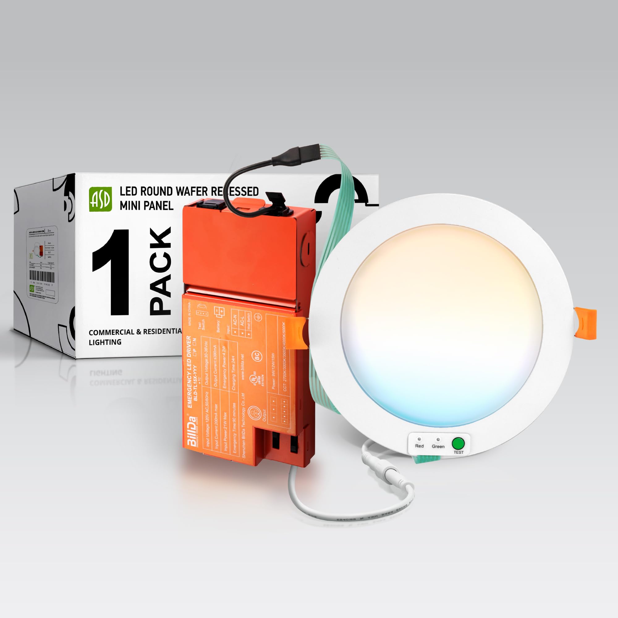ASD 6 Inch LED Recessed Light with Emergency Backup, 90 Min Battery, 5CCT 2700K-5000K, 9W/12W/15W Selectable, Dimmable Wafer Dow