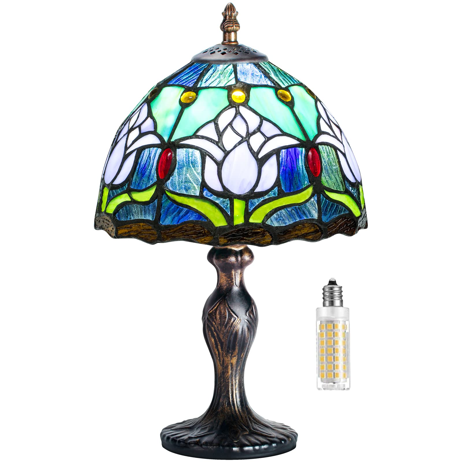 MIAOKE Tiffany Table Lamp, Stained Glass & Crystal Beads, Handmade Desk Light, Blue