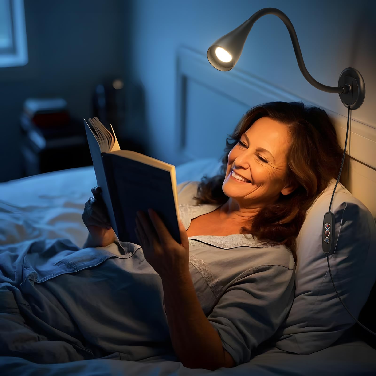 Dim Book Lights for Reading at Night,USB Goose Reading Lights for Books in Bed Headboard,LED Night Lights Plug into Wall,Adhesiv