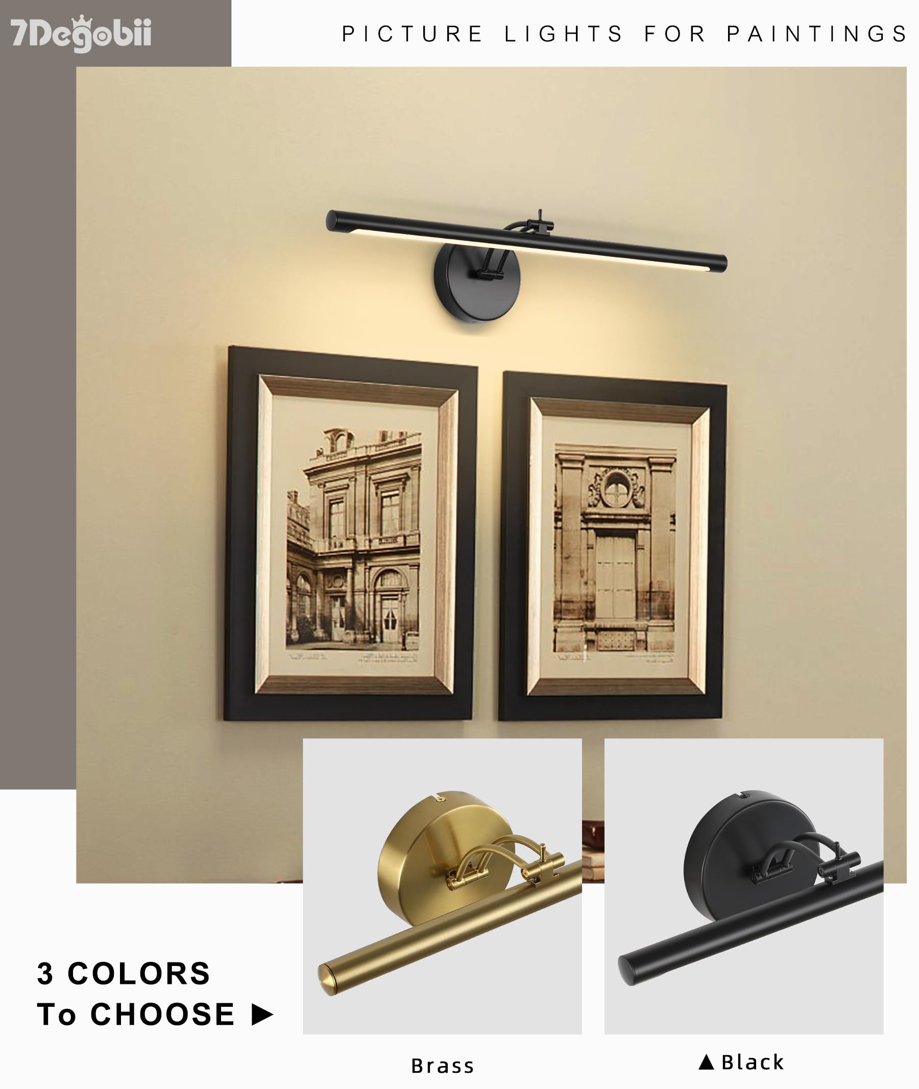 7Degobii Picture Light Dimmable Hard Wired 23.62 Inch Adjustable Swing Arm Black Wall Lights For Pictures Led Display Light For