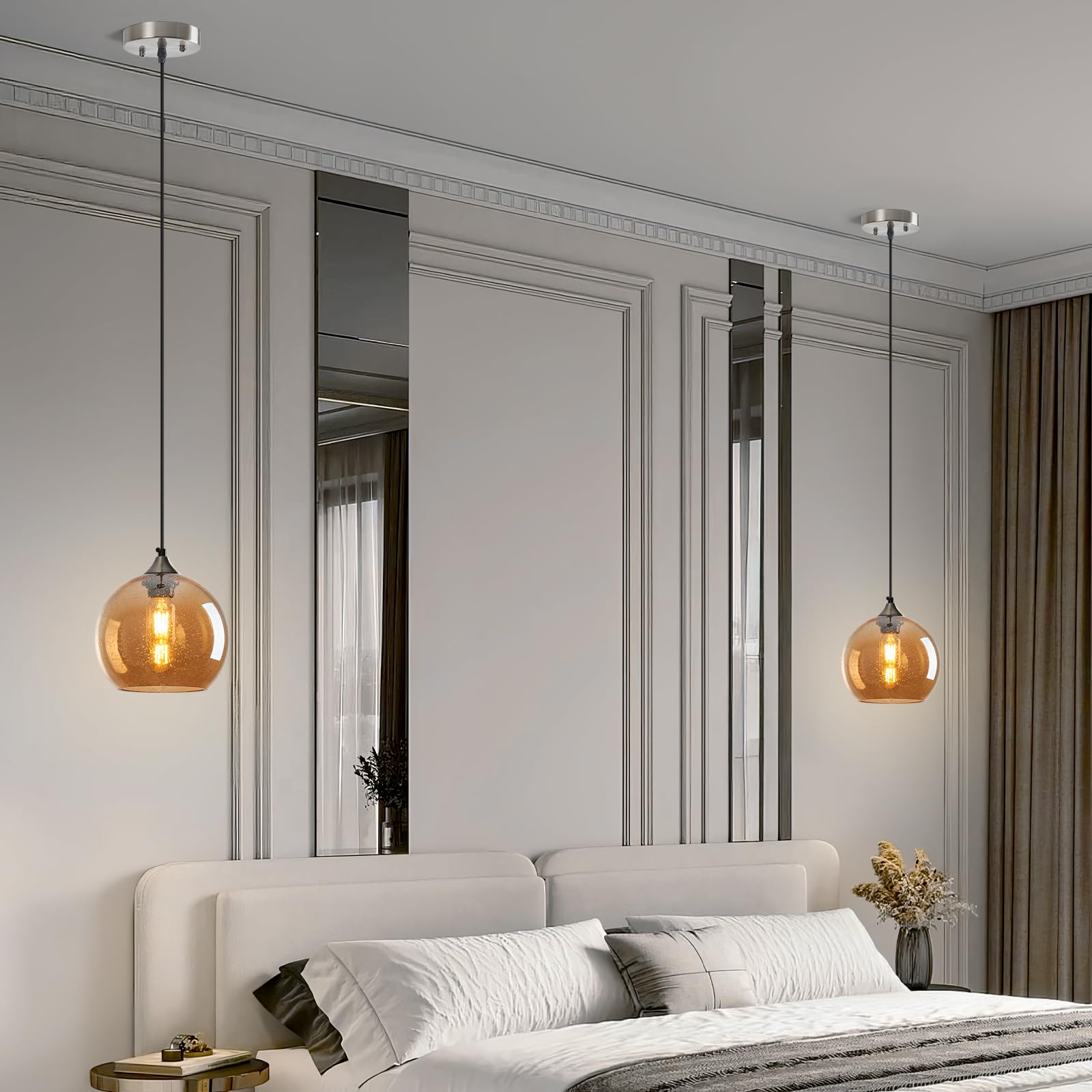 LBSQJ Amber Glass Pendant Lights - Modern Globe Lighting for Kitchen Island, Bedroom, Dining Room - 7.87in, 3 Pack, Model LBSQJ-460