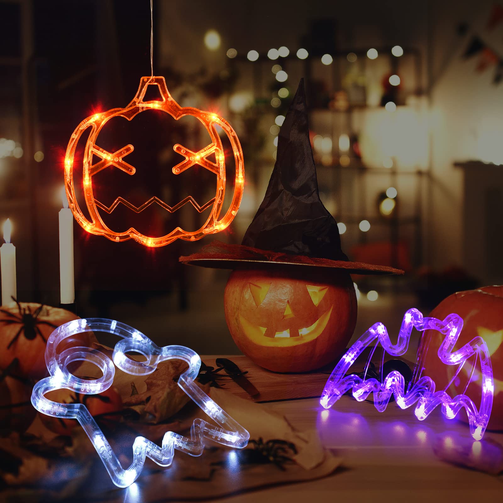 LOLStar Halloween Window Lights Pack - Battery Operated Orange Pumpkin, White Ghost, Purple Bat with Suction Cup, Slow Fade Mode