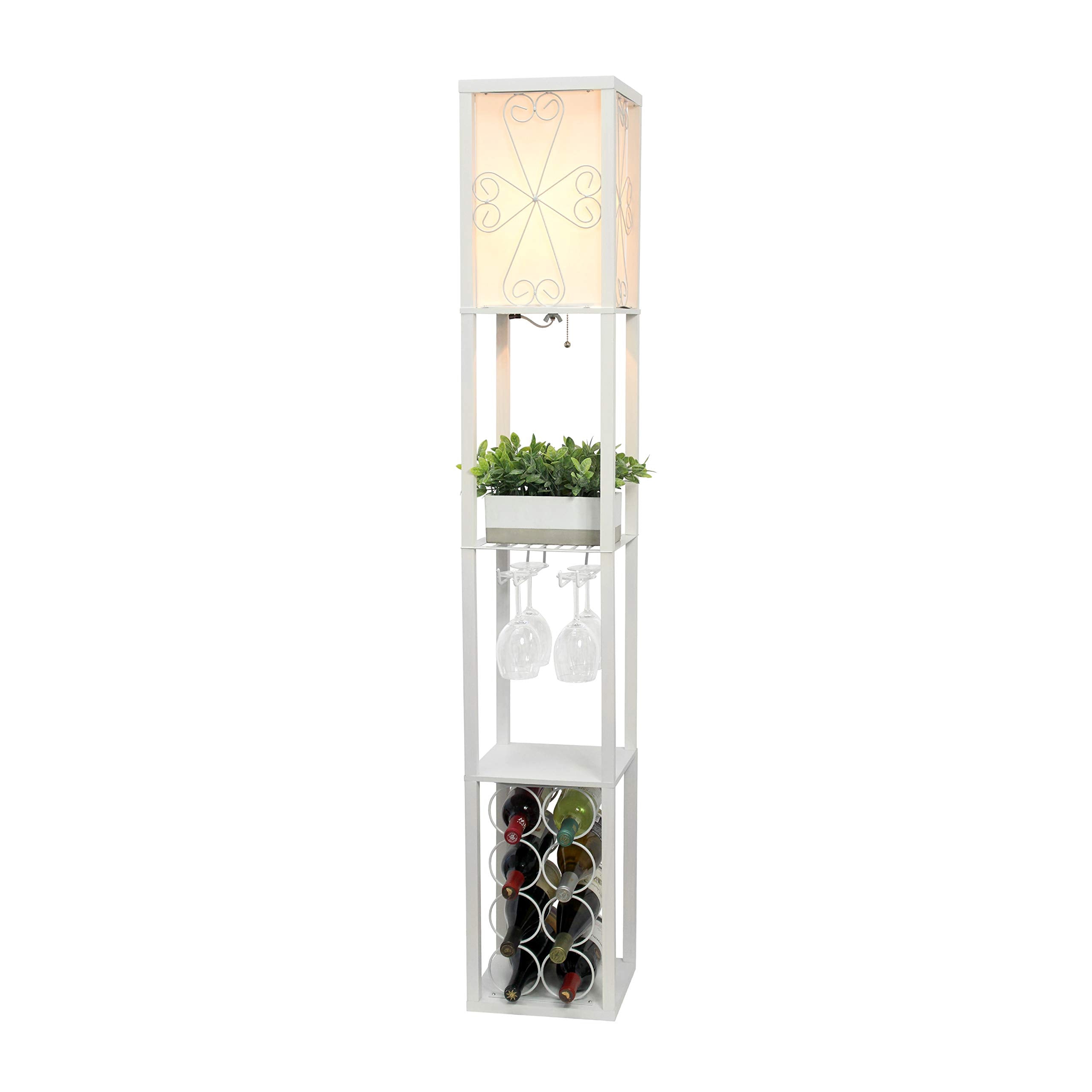 Simple Designs Lf1015-Wht Three Shelf Etagere Organizer Storage And Wine Rack Floor Lamp With White Linen Shade, White