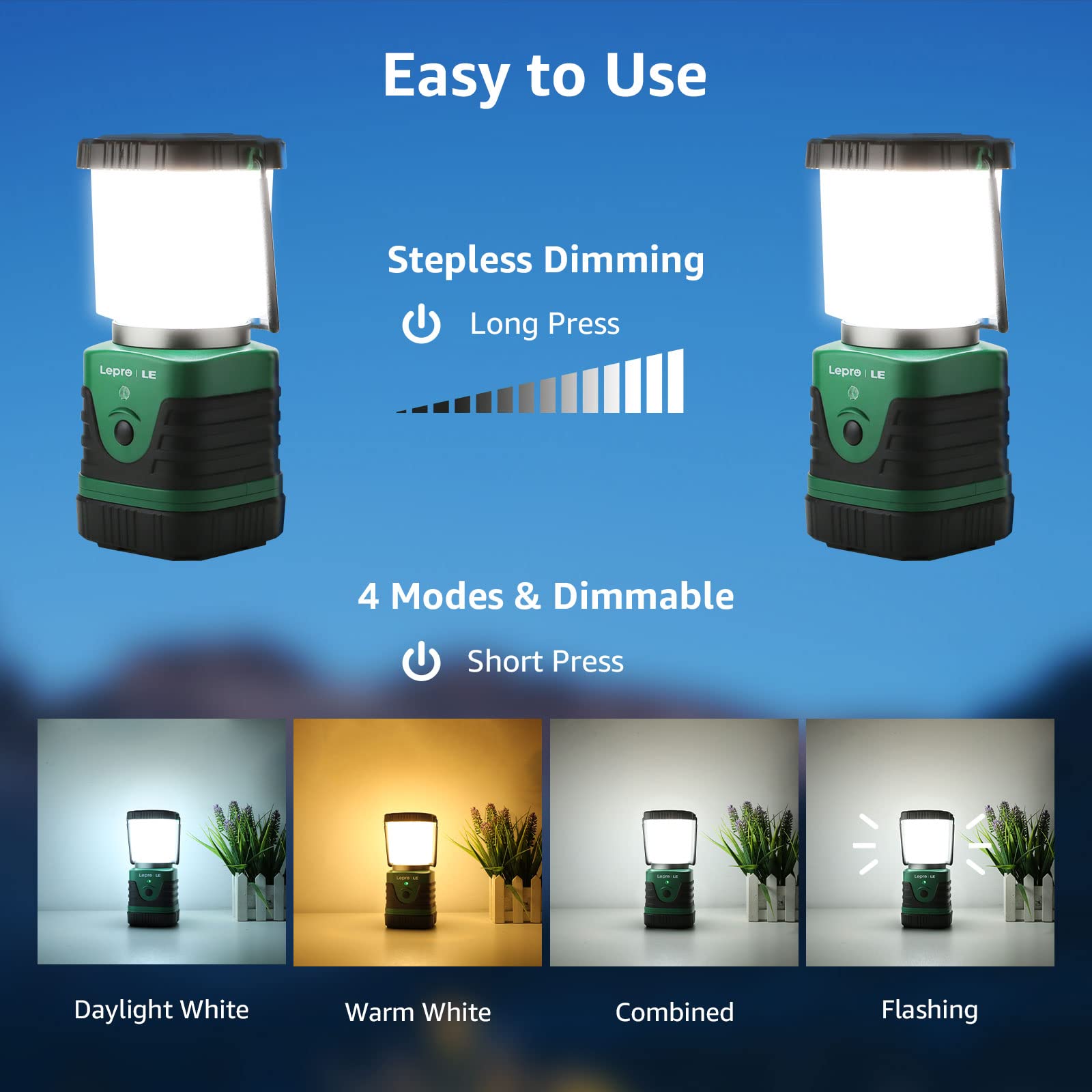 Lighting EVER 1000LM LED Camping Lantern, Rechargeable 4400mAh Power Bank, IP44 Waterproof, Green/Black, Model 3300008, 4 Light Modes