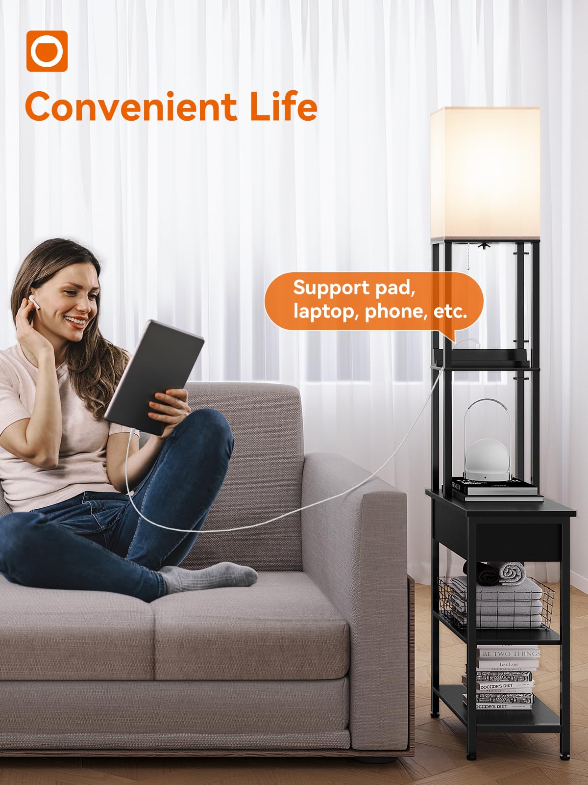 addlon Floor Lamp with USB & Outlet, 3CCT LED Bulb, Wood, Classic Black, Model AD-01-B, Storage Cabinet for Living Room & Office