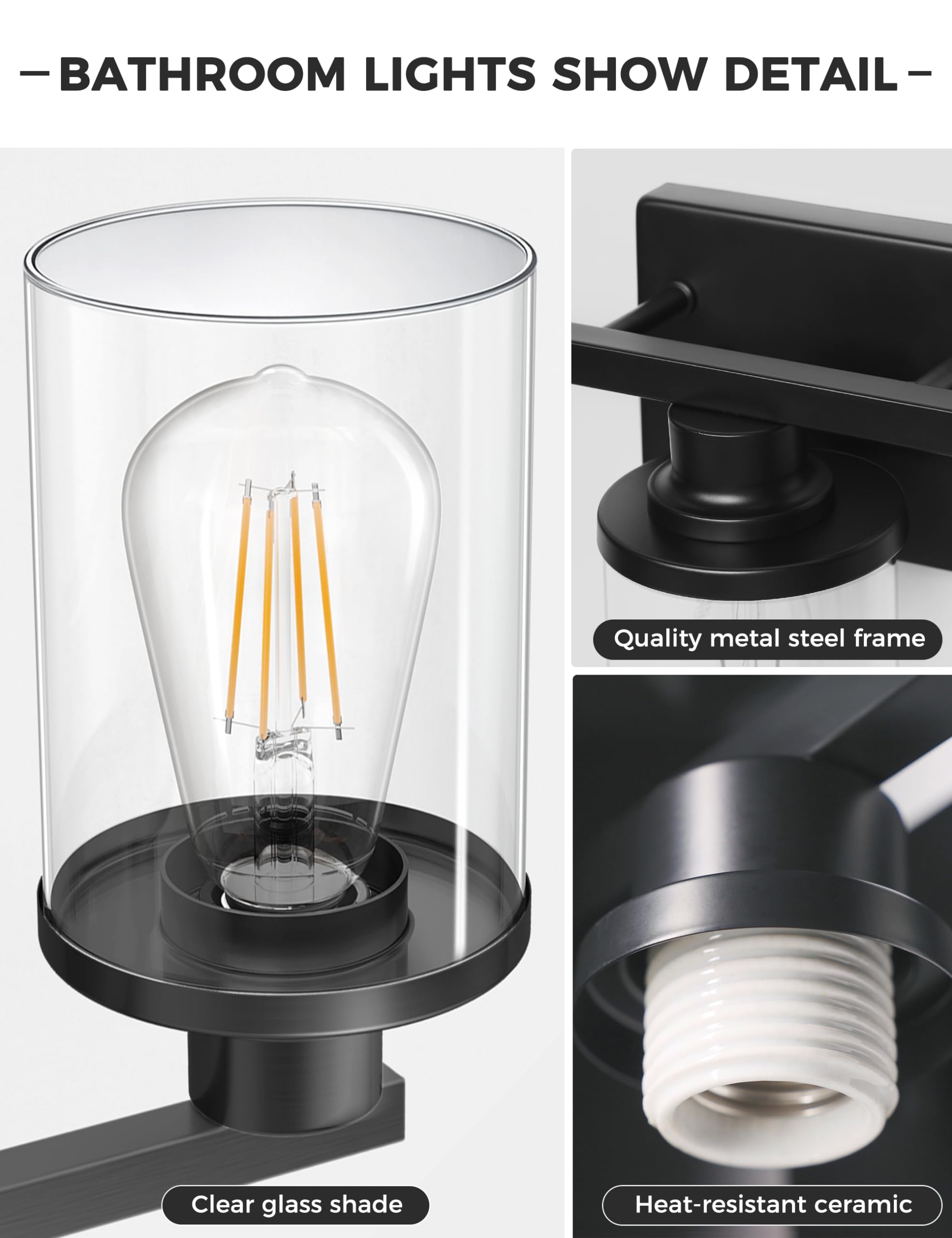 L LOHAS LED 3-Light Black Bathroom Light Fixture, Modern Vanity Lighting with Clear Glass Shade