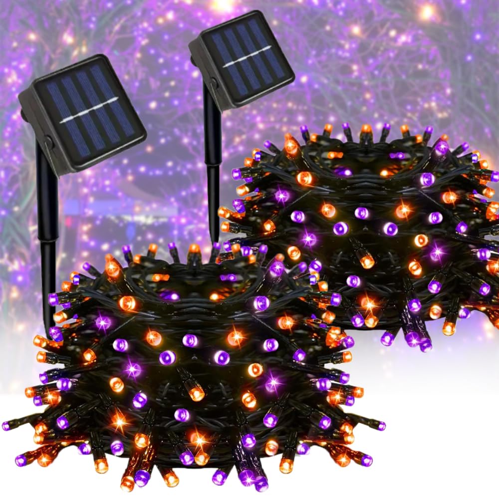 Taoushuleng 2 Pack Solar Purple&Orange String Lights Outdoor, Total 200 LED Each 40Ft with 8 Lighting Modes for Yard, Fence,Balc