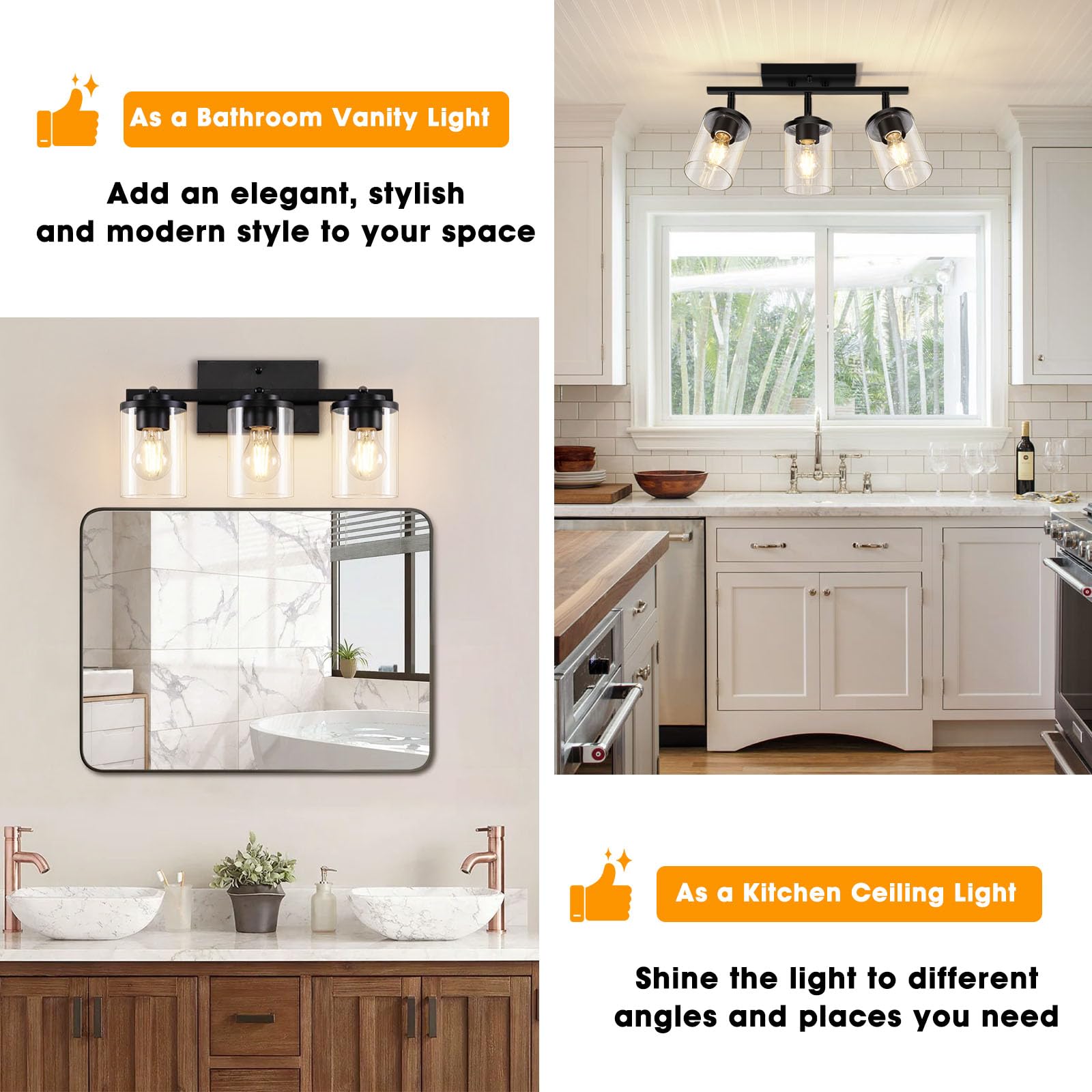 Fadimikoo 3-Lights Semi Flush Mount Ceiling Light  Adjustable Kitchen Light Fixtures Ceiling Mount With Clear Glass Shades  Rotatable Black Track Lighting Fixtures For Hallway  Foyer  Bedroom