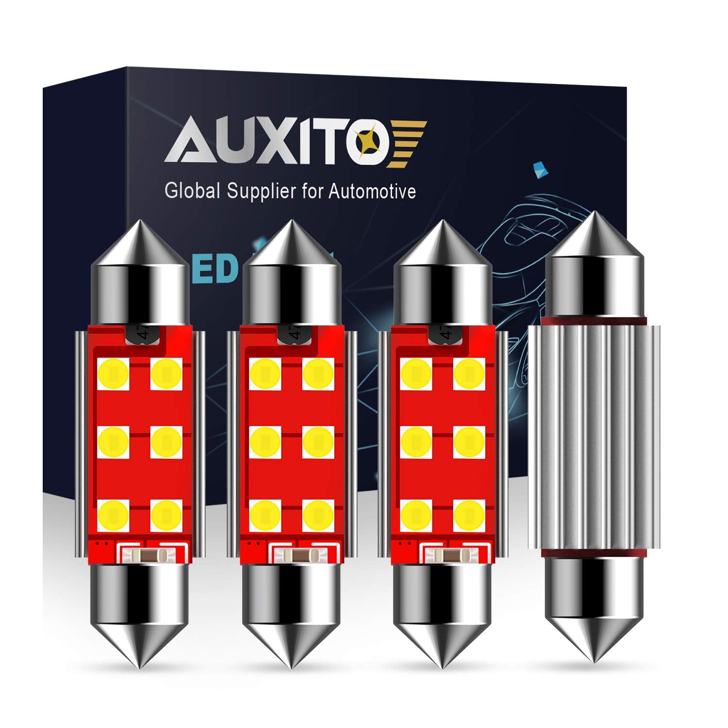 Auxito 578 Led Bulb 41Mm 42Mm 212-2 211-2 578 Festoon Led Bulbs Canbus Error Free 6-Smd 3030 Chipsets 6000K Xenon White Replacement For Car Interior Map Dome Courtesy License Plate Lights (Pack Of 4)