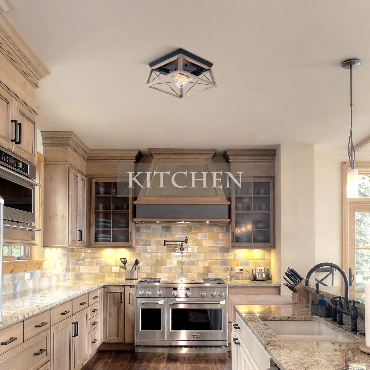 VILUXY Farmhouse Wood Flush Mount Ceiling Light Fixture - 2-Light Square Lamp - Light Wood - Model VILUXY-FL-2SQ-LW