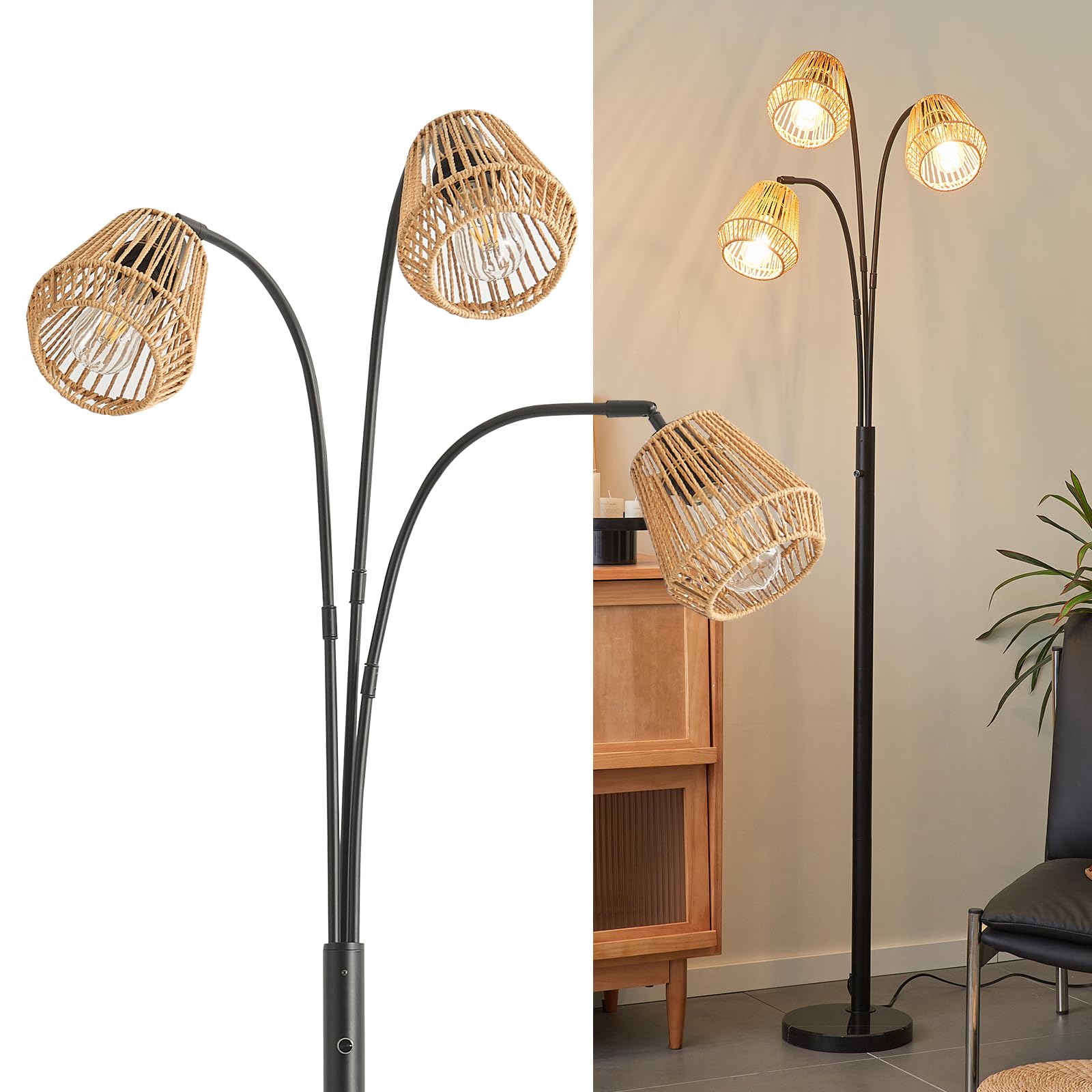 GHCKER Rattan Floor Lamp for Living Room, 72 Inch Tall Boho Floor Lamp with Rotary Switch, 3 Light Arc lamp with Wicker Shade fo
