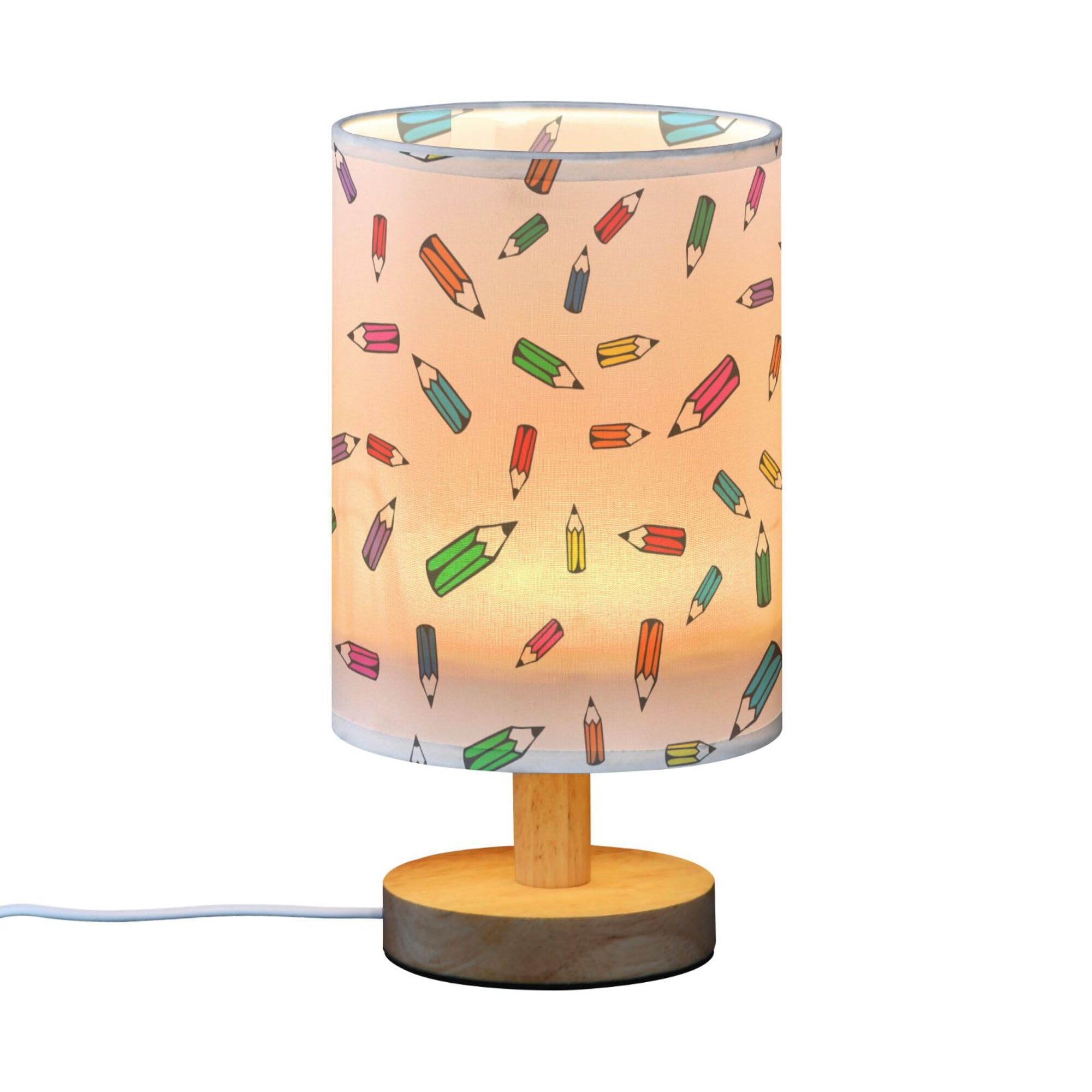 YYZZH Table Lamp Colorful Pencil Pattern Nightstand Lamp with Wood Base Fabric Lamp Shade Bedside Desk Lamp for Living Room Bedr