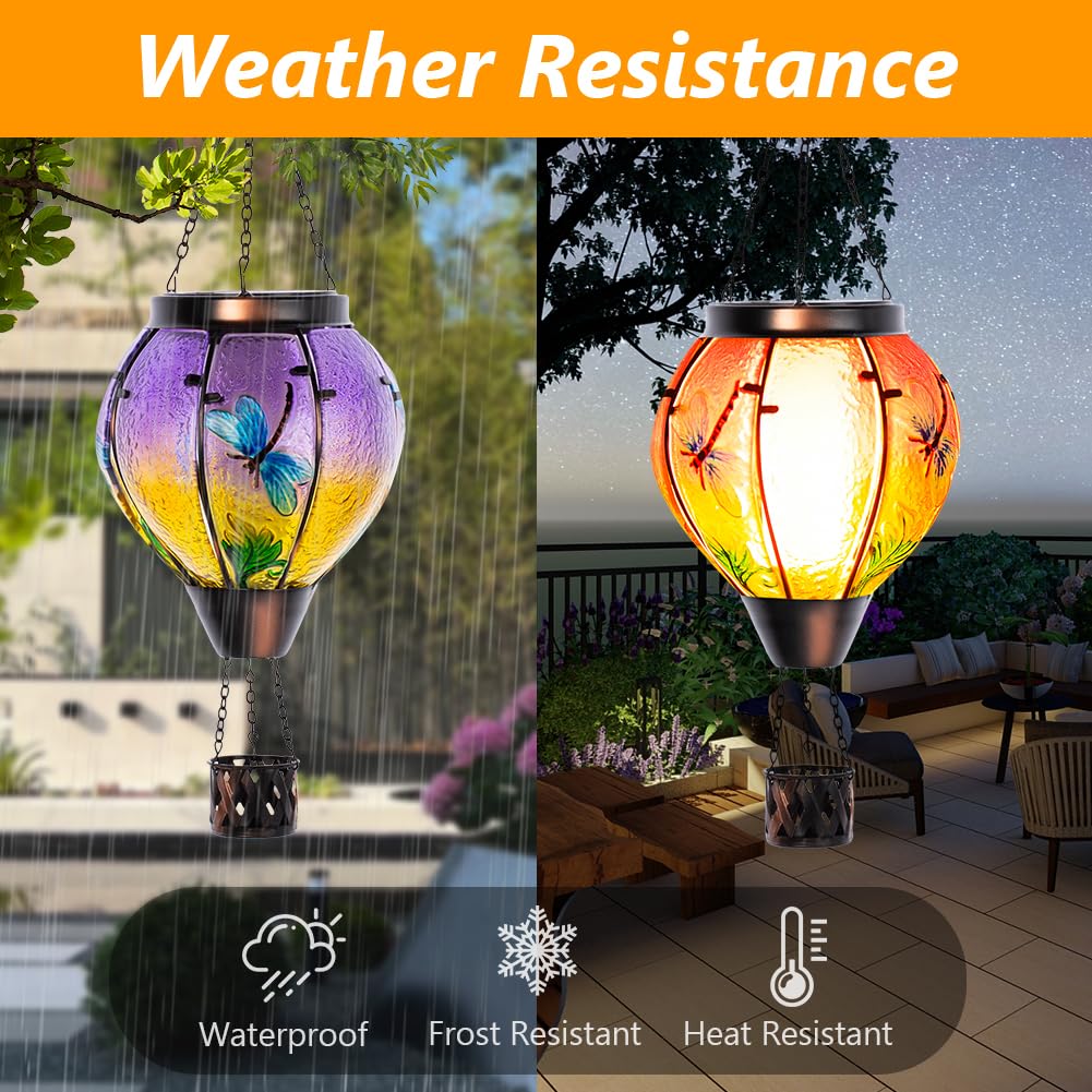 Starsoul Dragonfly Hot Air Balloon Solar Lantern Outdoor Glass Hanging Hot Air Balloon Lantern With Flame Light Waterproof For P