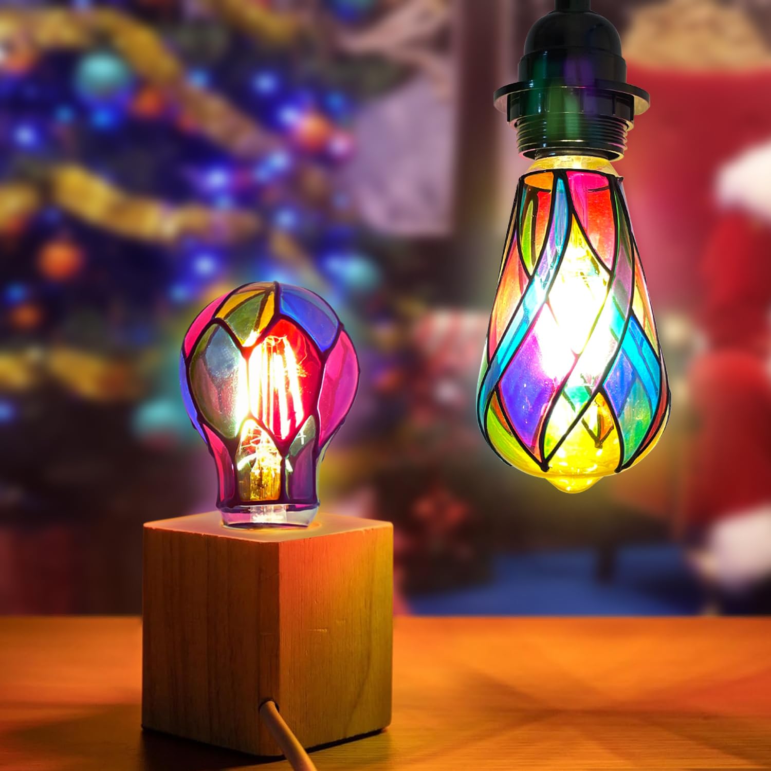 Aygrochy LED Stained Glass Light Bulb, 4W E26 A19, Multi-Colored Mosaic, 2 Pack for Christmas, Party, Home Lighting