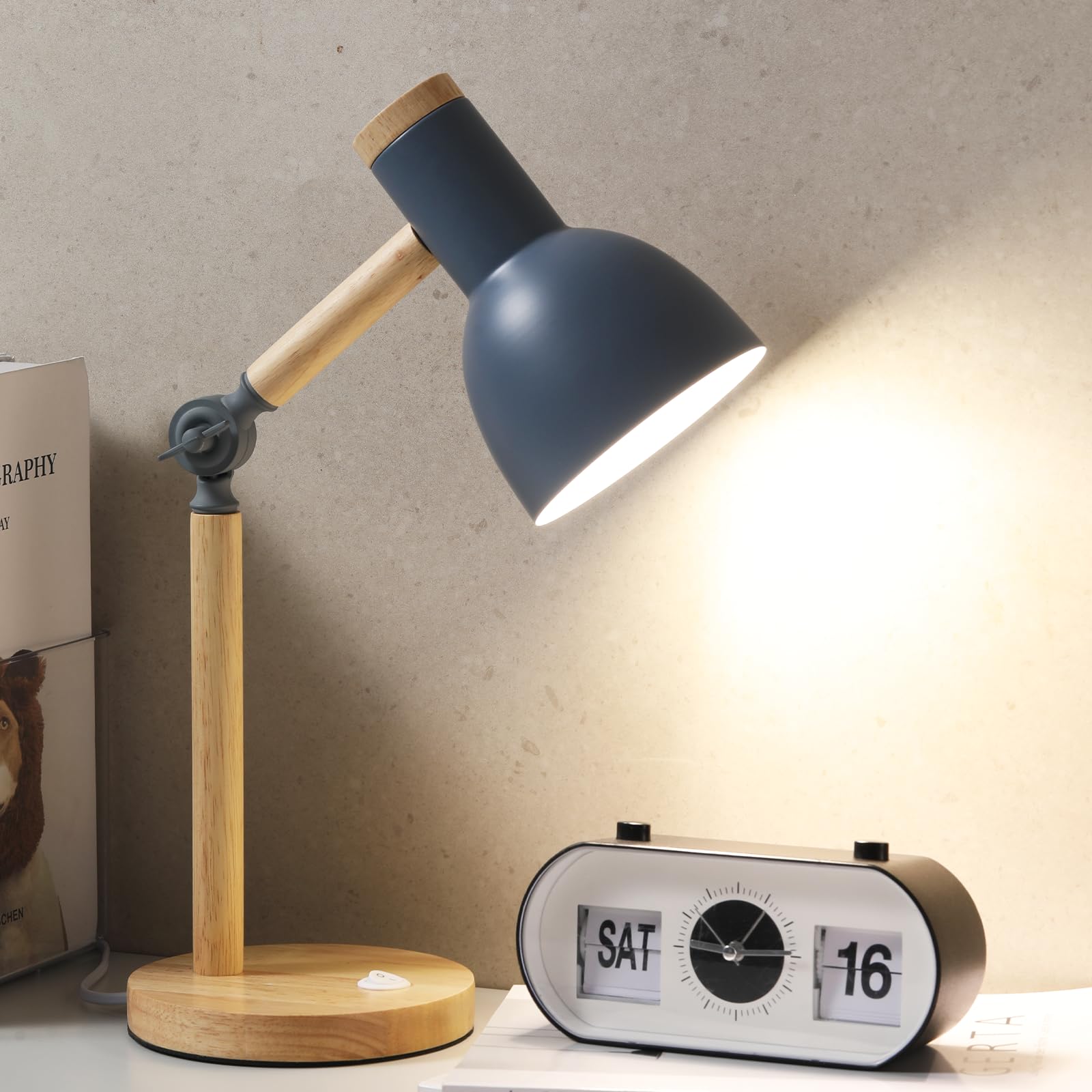 LRXJHHTY Small Wooden Desk Lamp,Adjustable tri-Color Kids Table Lamp,Desk Lamp for Home Office,Bedside lamp,Dorm lamp (Grey)