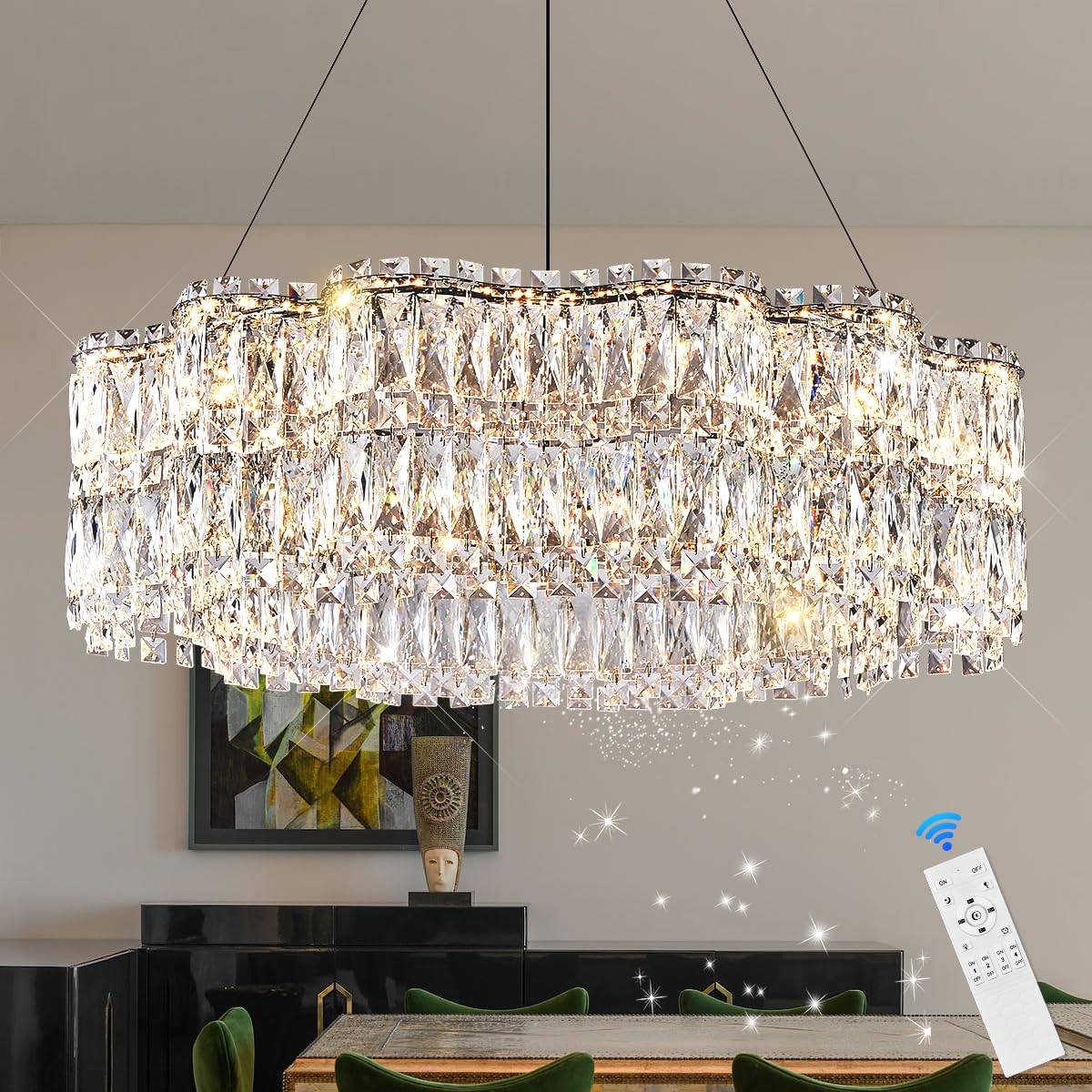 Poemoon Modern Crystal LED Chandelier 32’’ with Remote Control, Dimmable 3000-6500K, Chrome, Model P40-800C1, Large