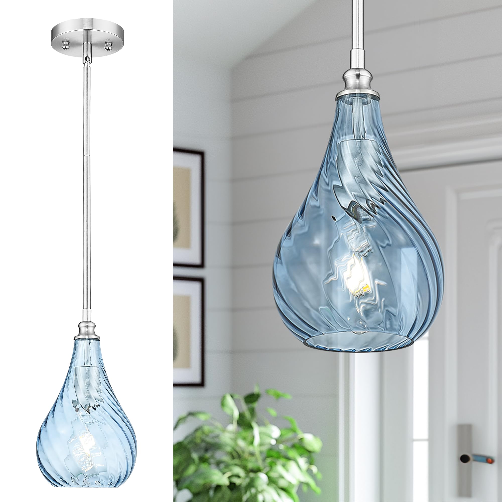 TENGXIN Mini Hanging Light for Kitchen Island,Kitchen Pendant Lighting Over Island,Brushed Nickel Finished Blue Glass Pendant Li