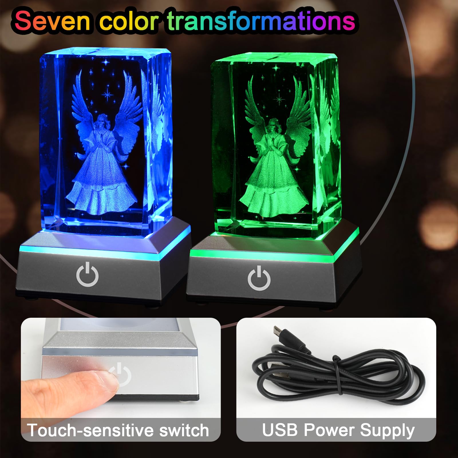 Eicxjui 3D Guardian Angel Crystal Night Light with Multicolor LED Base - Engraved Glass Lamp for Gifts & Decor