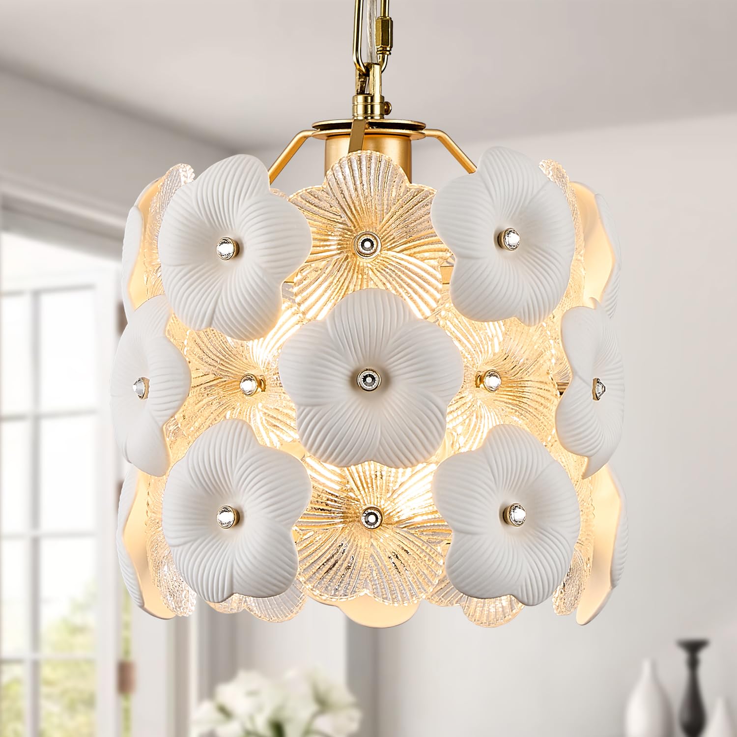 Poemoon Gold Glass Pendant Light With White Ceramic Flowers, 1-Pack Luxury Small Ceiling Pendant Light Fixture 1-Light For Kitch