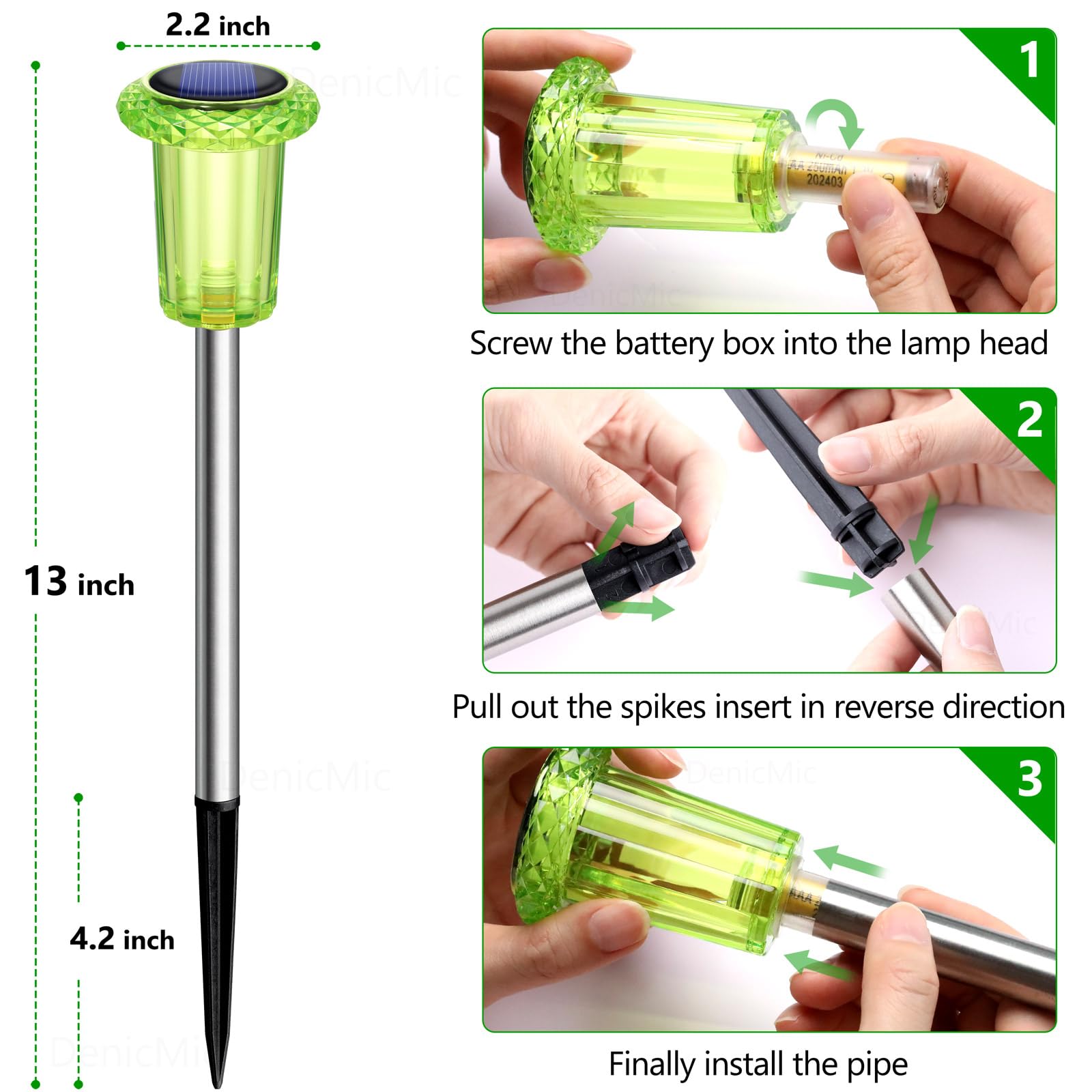 DenicMic Solar Pathway Lights, LED Waterproof Acrylic, Stainless Steel Stake, Green 10Pack, Model CL-XDC