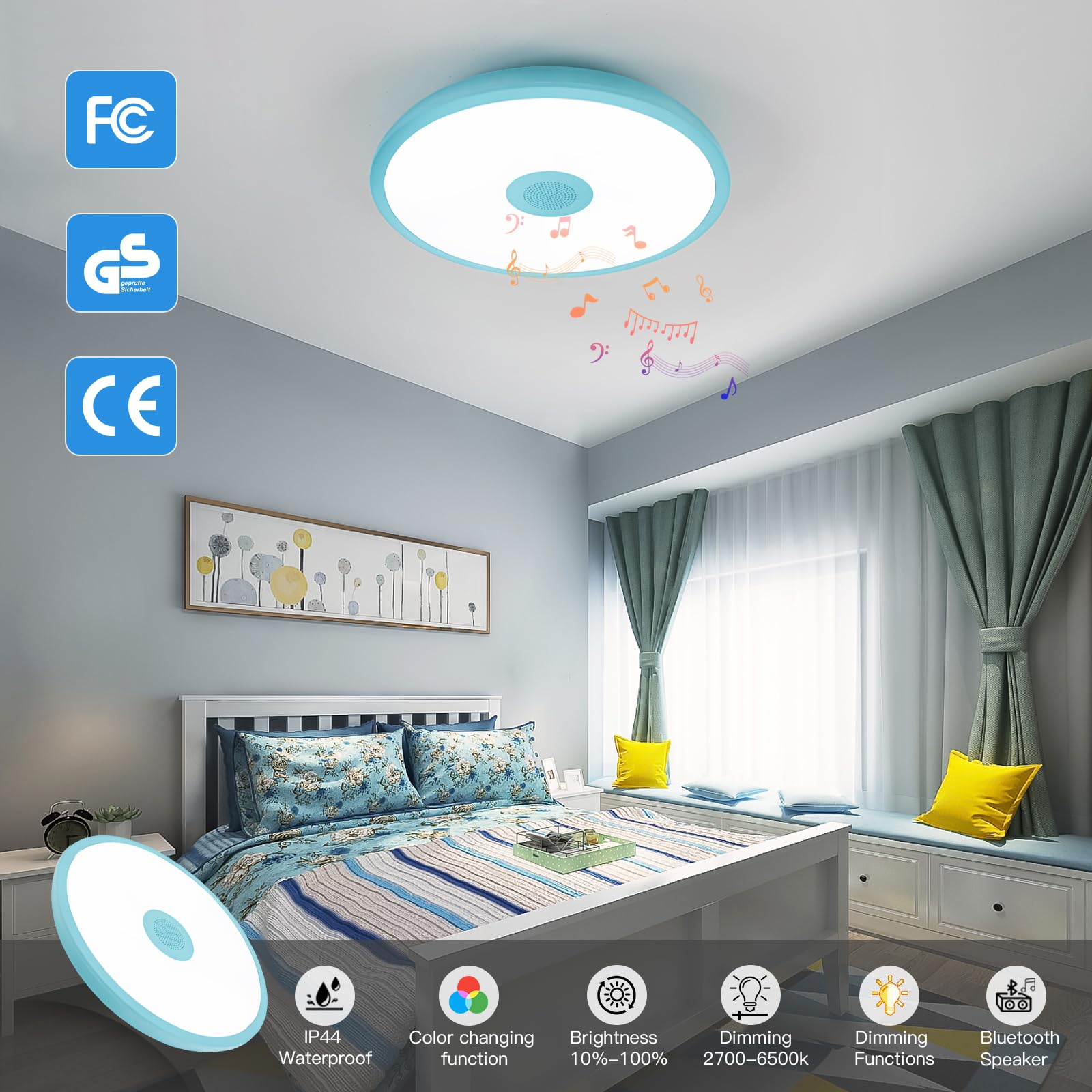 Asall Sky Blue Waterproof Led Ceiling Light Fixture,Music Ceiling Lamp,With Bluetooth Speaker,11Inch 18W, 2700K-6500K Dimmable R