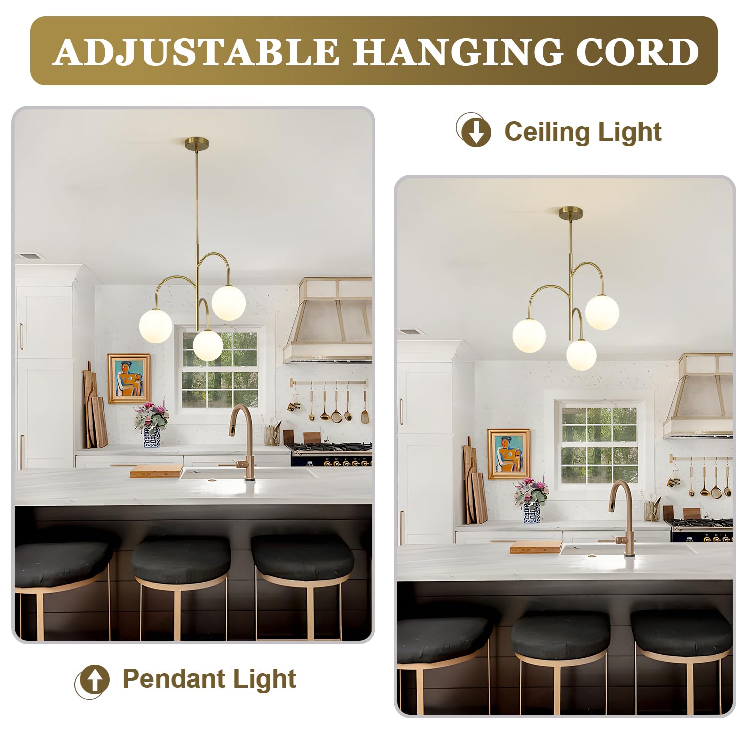 Flyrose Mid Century Modern 3-Light Milk Glass Globe Chandelier Brass Gold Pendant Light Fixture Industrial Iron Ceiling Light Fi