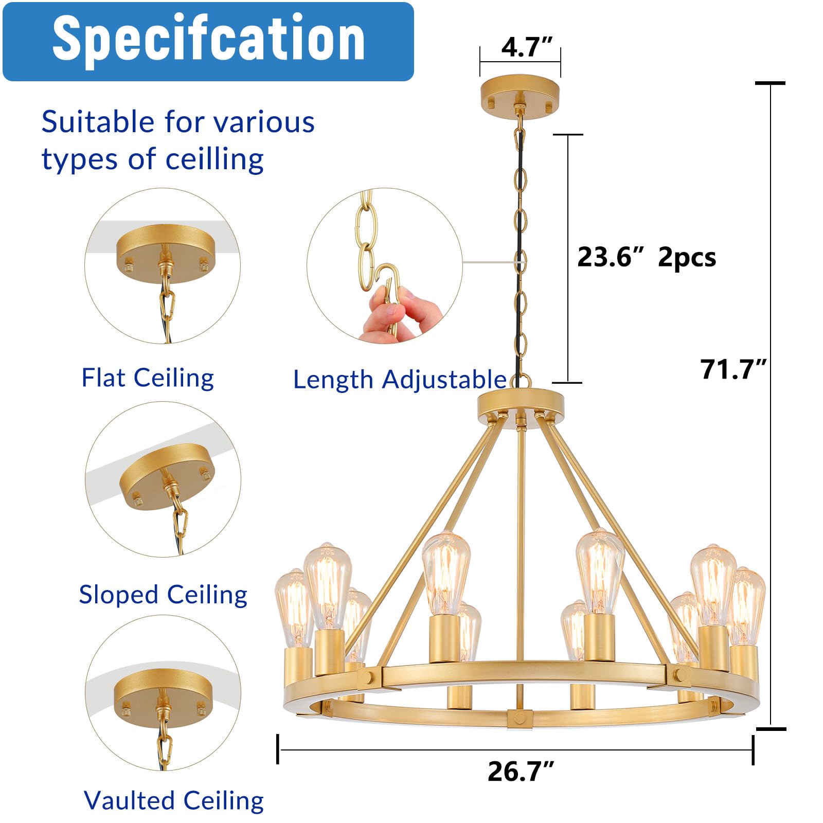 9MMML Gold Wagon Wheel Chandelier, 10-Light Metal Pendant Light Fixture, 26.7in  for Living Room, Bedroom, Foyer, Model 8003